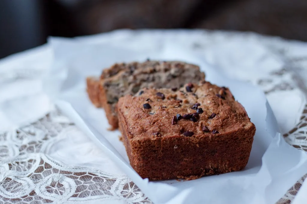 Gluten Free Banana Bread with Chocolate Chips, Walnuts, and Cacao Nibs