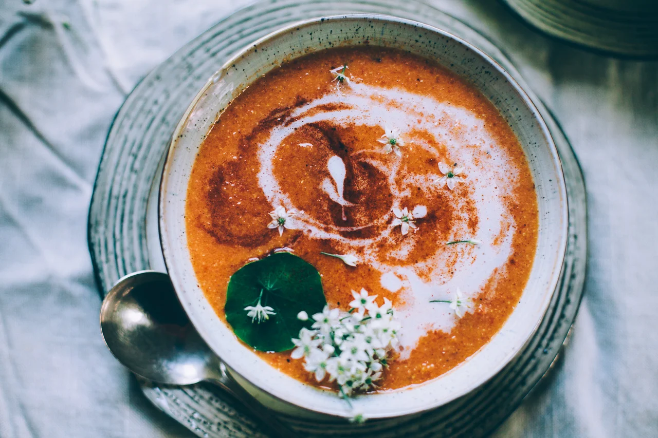 Chilled Roasted Red Pepper and Summer Corn Soup | End of Summer Harvest Dinner Party