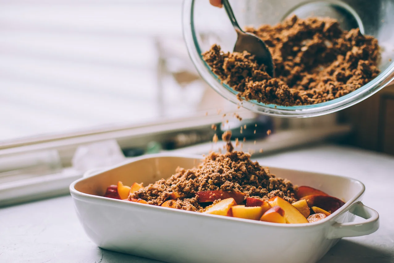 vegan peach crumble with walnut oat crumble, southern style | coconut oil crumble | vegan crisp recipe | healthy fruit crumble recipe | southern peach crisp