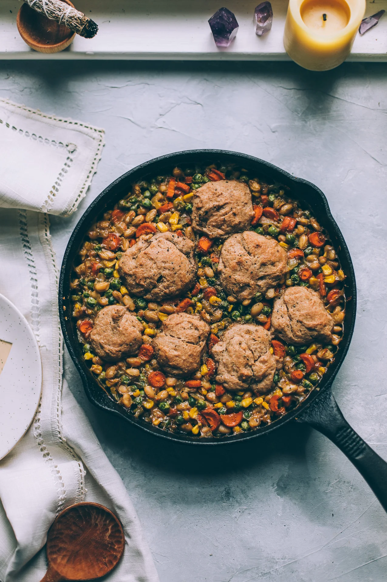 cozy white bean vegetable cobbler with spelt biscuits (vegan)