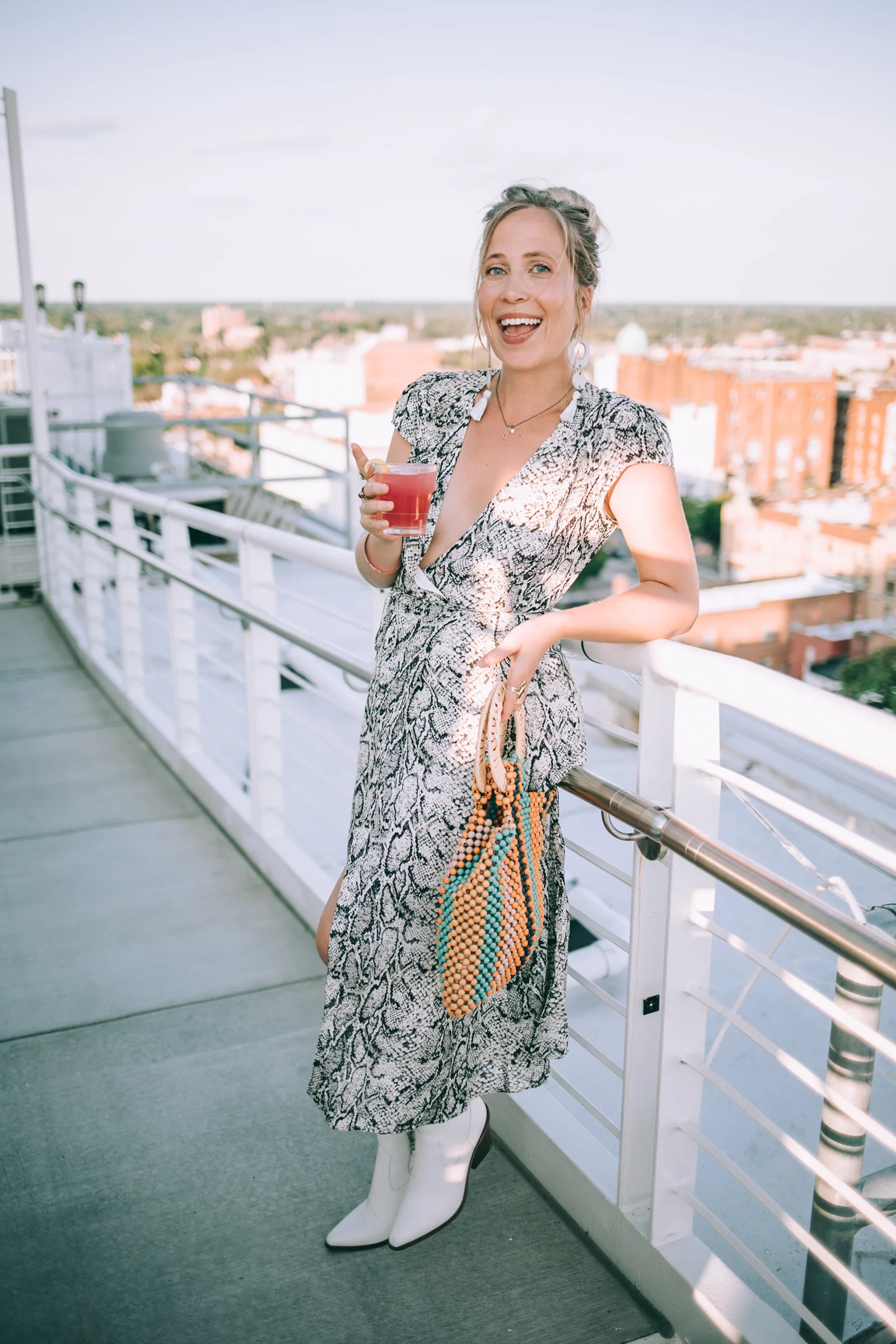 styling outfits for eating out | reformation dress, rag and bone shoes, beaded tote