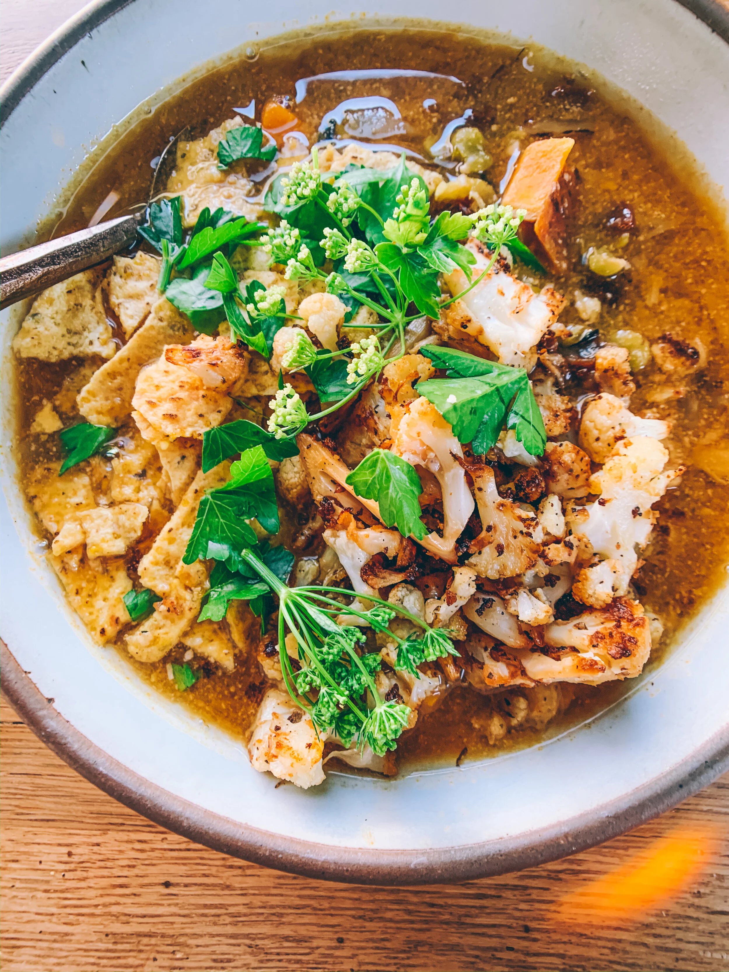Spicy Green Split Pea Soup with Lemony Cauliflower | Improv Kitchen