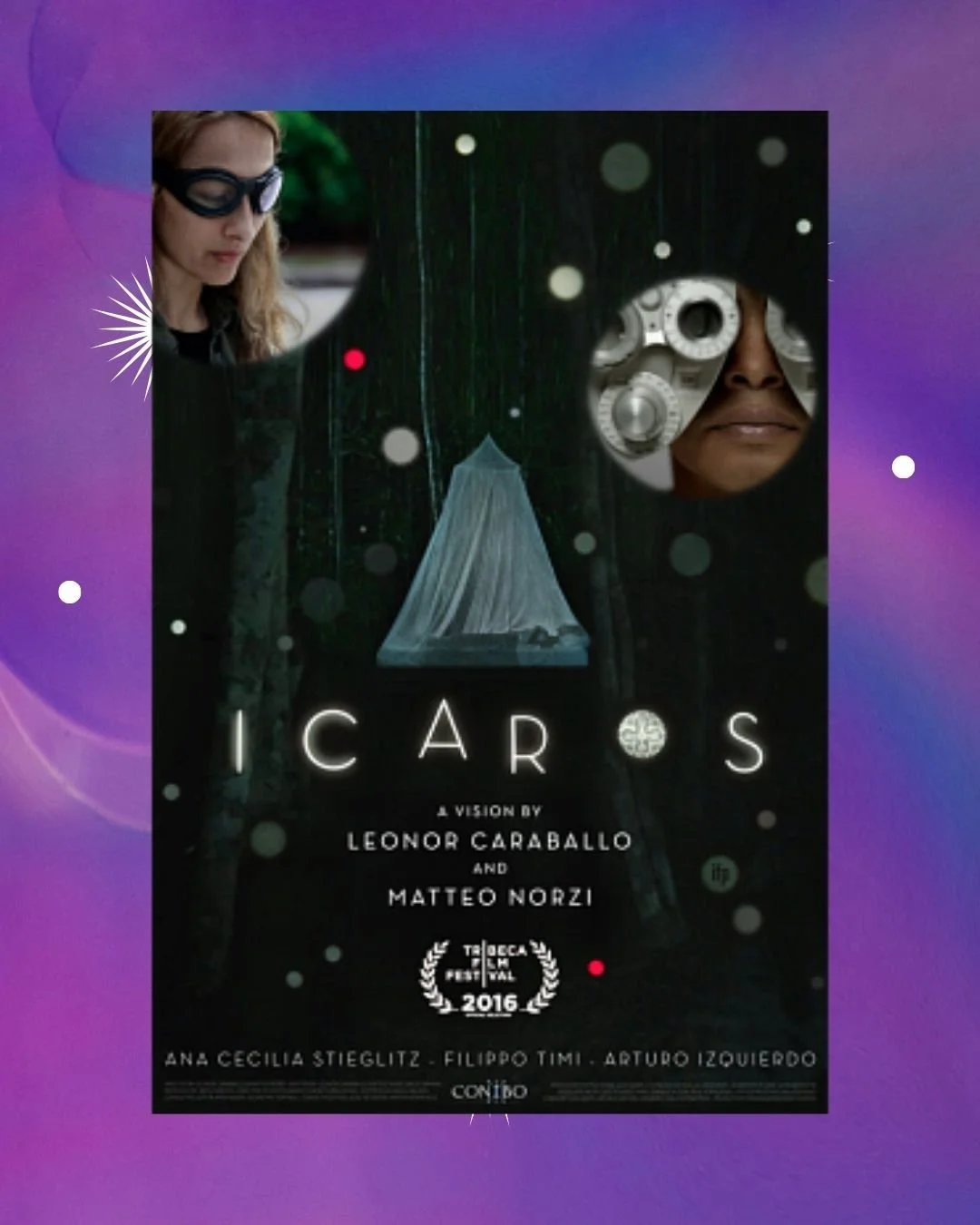 Movie poster for Icaros, featuring a blue mosquito net, two faces with goggles, and credits on a dark background with light dots.
