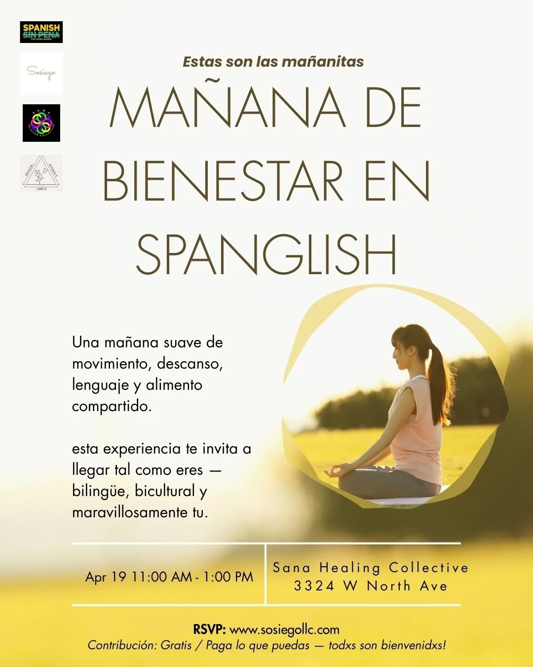 Flyer for Mañana de Bienestar en Spanglish with event details, a woman meditating outdoors, and a bilingual invitation.