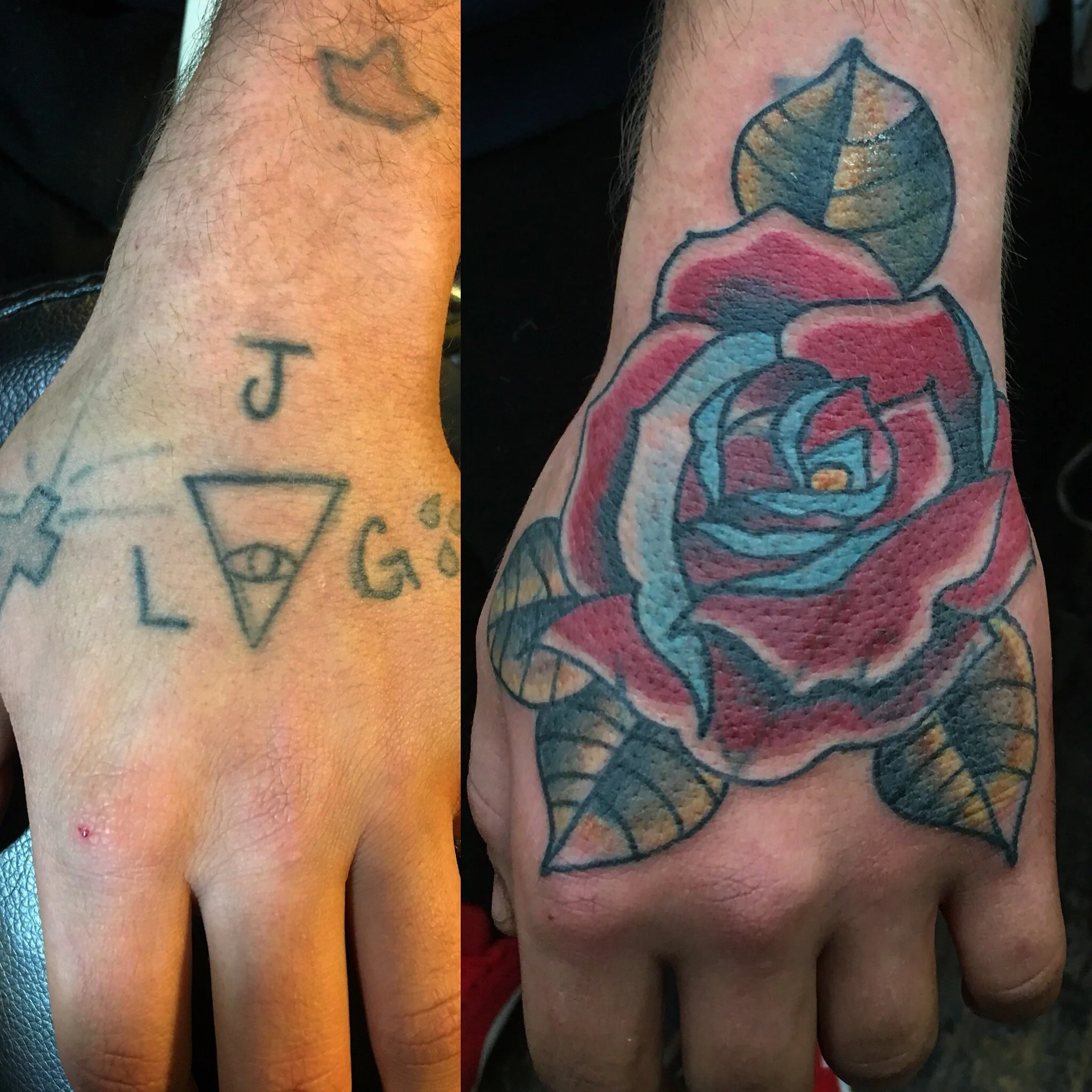 Hand tattoo cover up with rose.