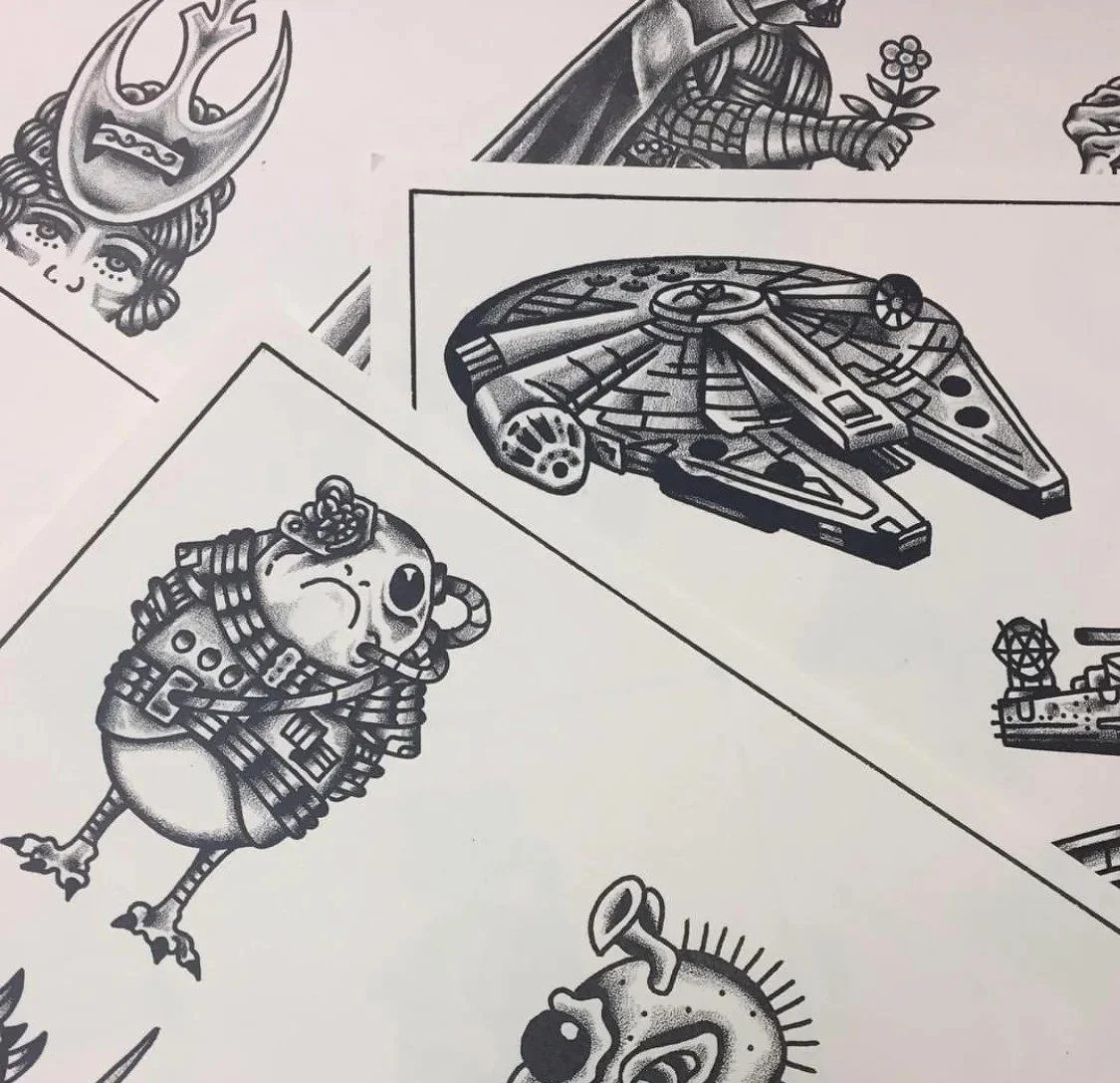 Star Wars tattoo flash sheet featuring traditional style designs for May the 4th event in Atlanta