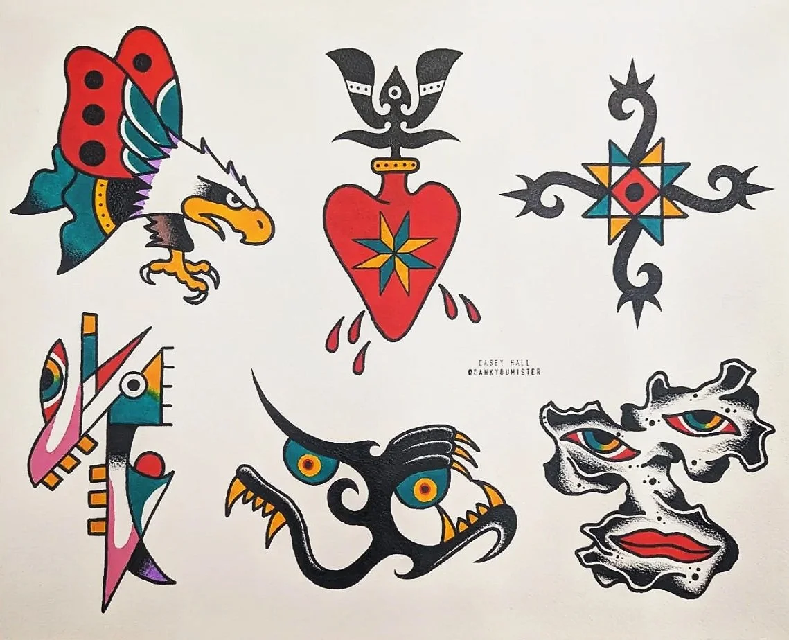 American traditional tattoo flash sheet with classic designs by tattoo artist Casey Call