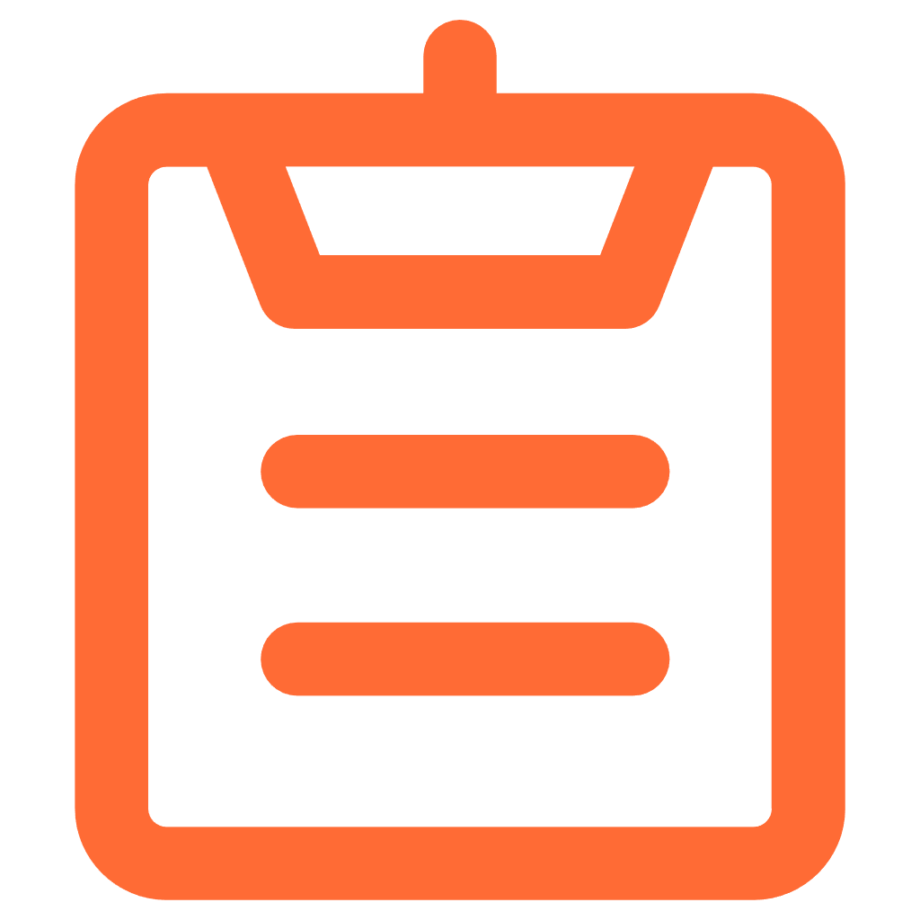 Icône orange d'un carnet ou d'une fiche avec des lignes de texte.