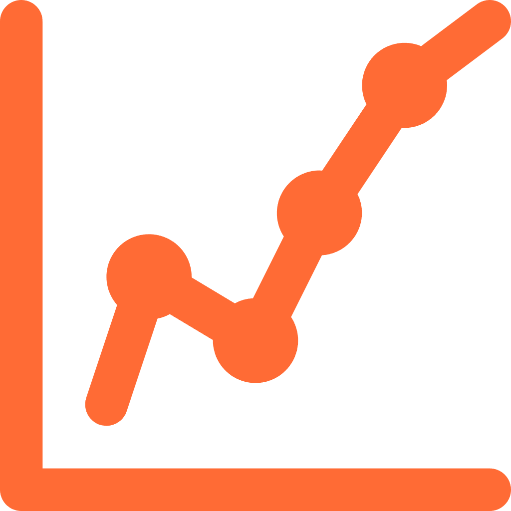 Graphique en hausse avec une flèche pointant vers le haut, représenté par des points et une ligne de couleur orange sur fond noir.