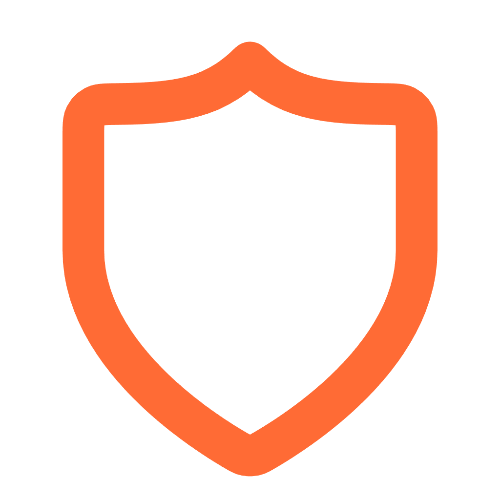 Icône de bouclier de sécurité orange avec contour, symbole de protection ou de sécurité.