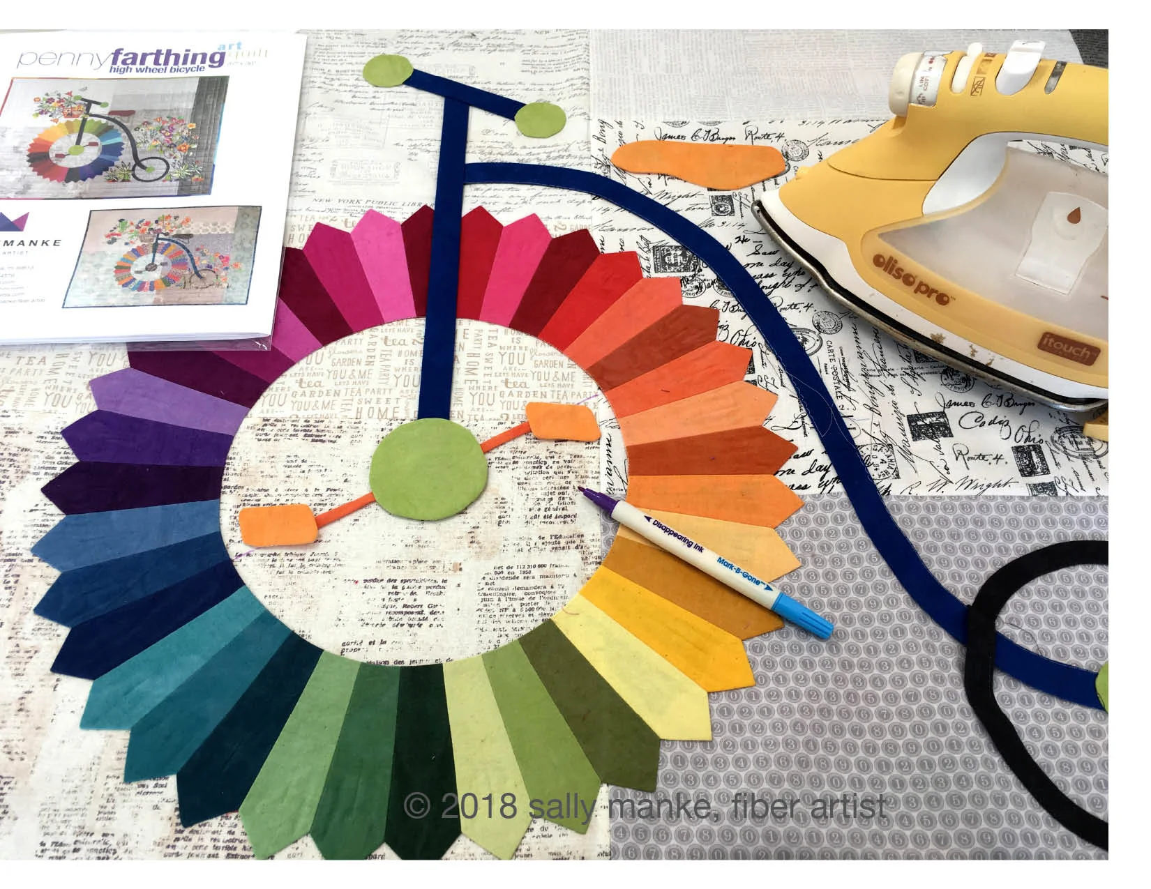 Fusing Dresden Block, Bike Frame and Bike Parts to Background Fabric