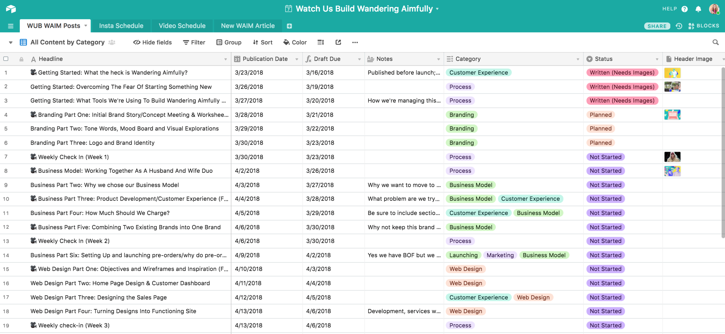 This is the main view in our Airtable base. It lists every post by category, publish date, and status.