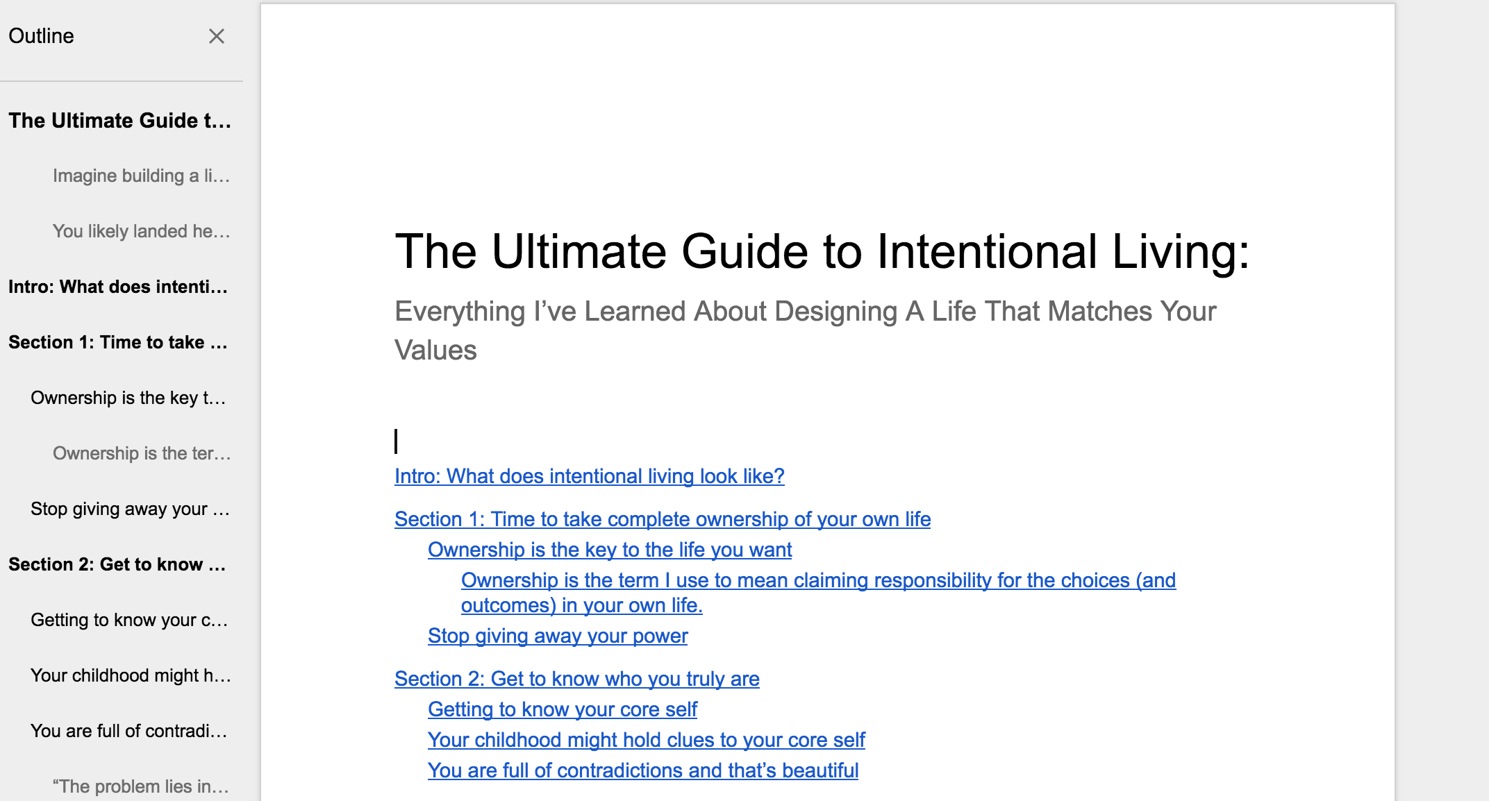 A look at my monster Google Doc where I began by copy/pasting every article I wanted in the guide and then chopped and rearranged until I had a structure that made sense!