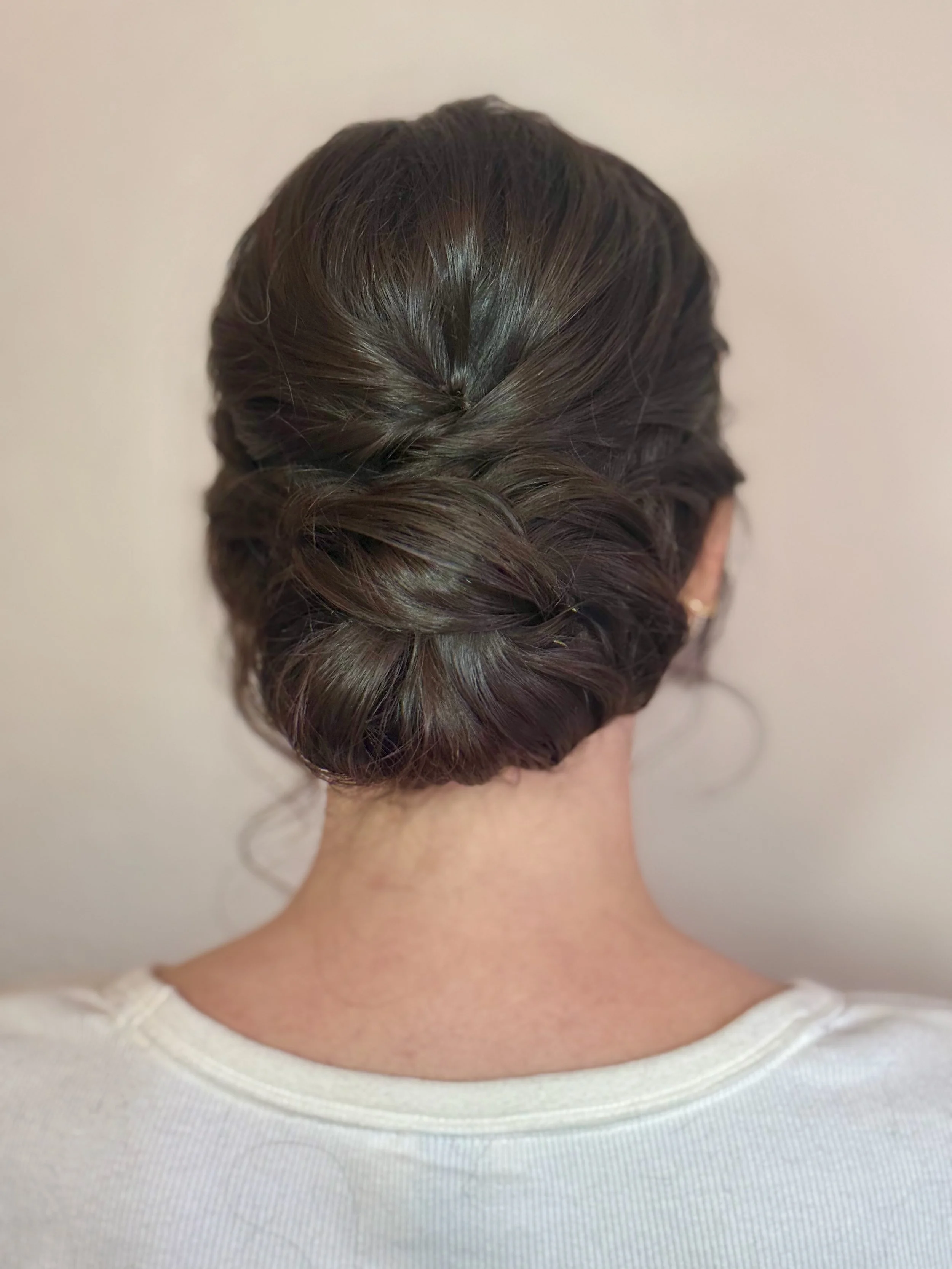 Back of a bride's head with dark brown hair styled in an elegant updo, wearing a white shirt.