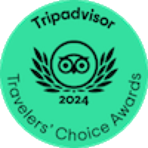 A green circular emblem for the 2024 Travelers' Choice Awards by TripAdvisor, featuring a stylized owl face in the center and laurel branches on each side.