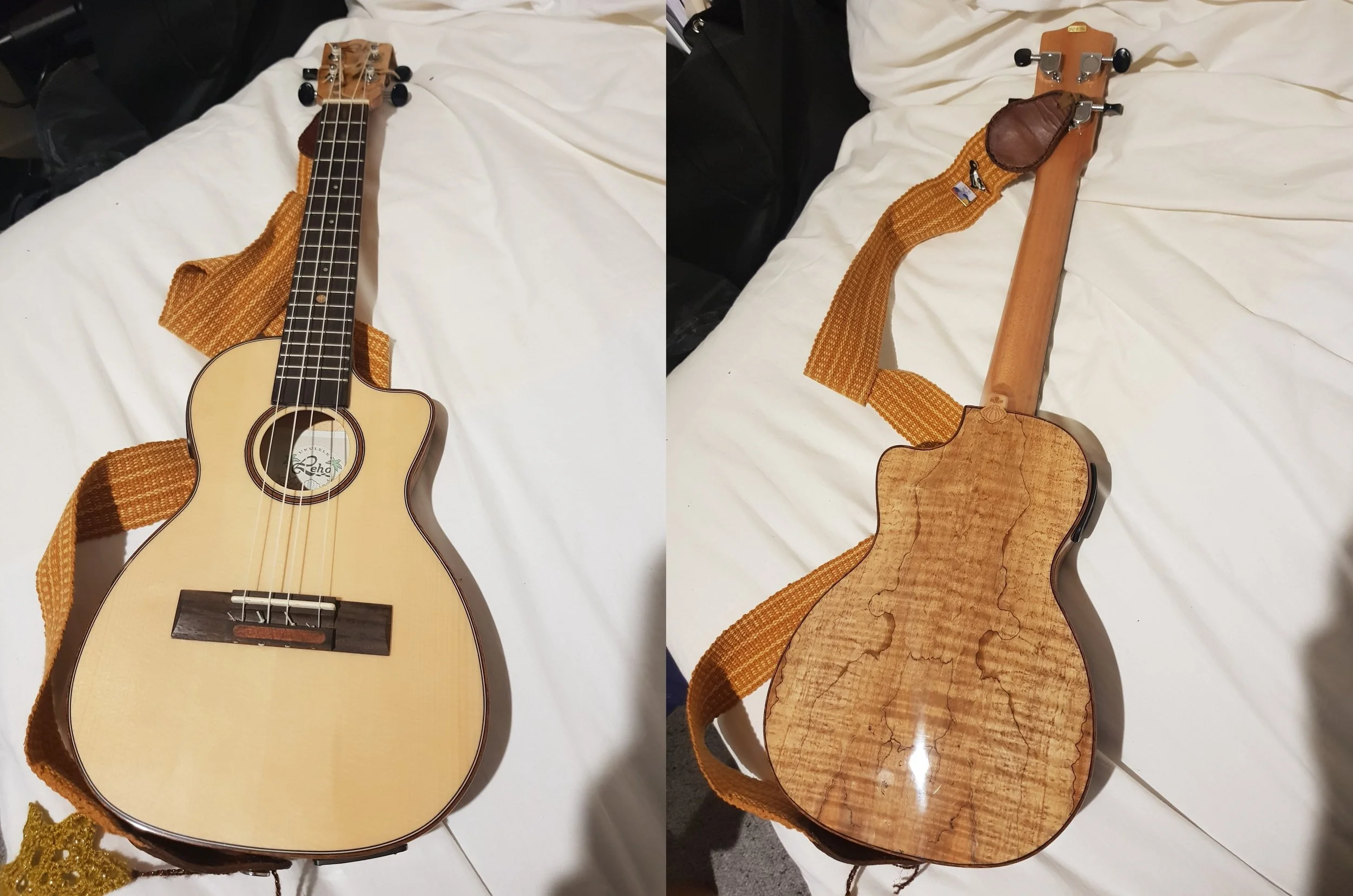 Front and back view of Sandra Shaw’s travel ukulele.