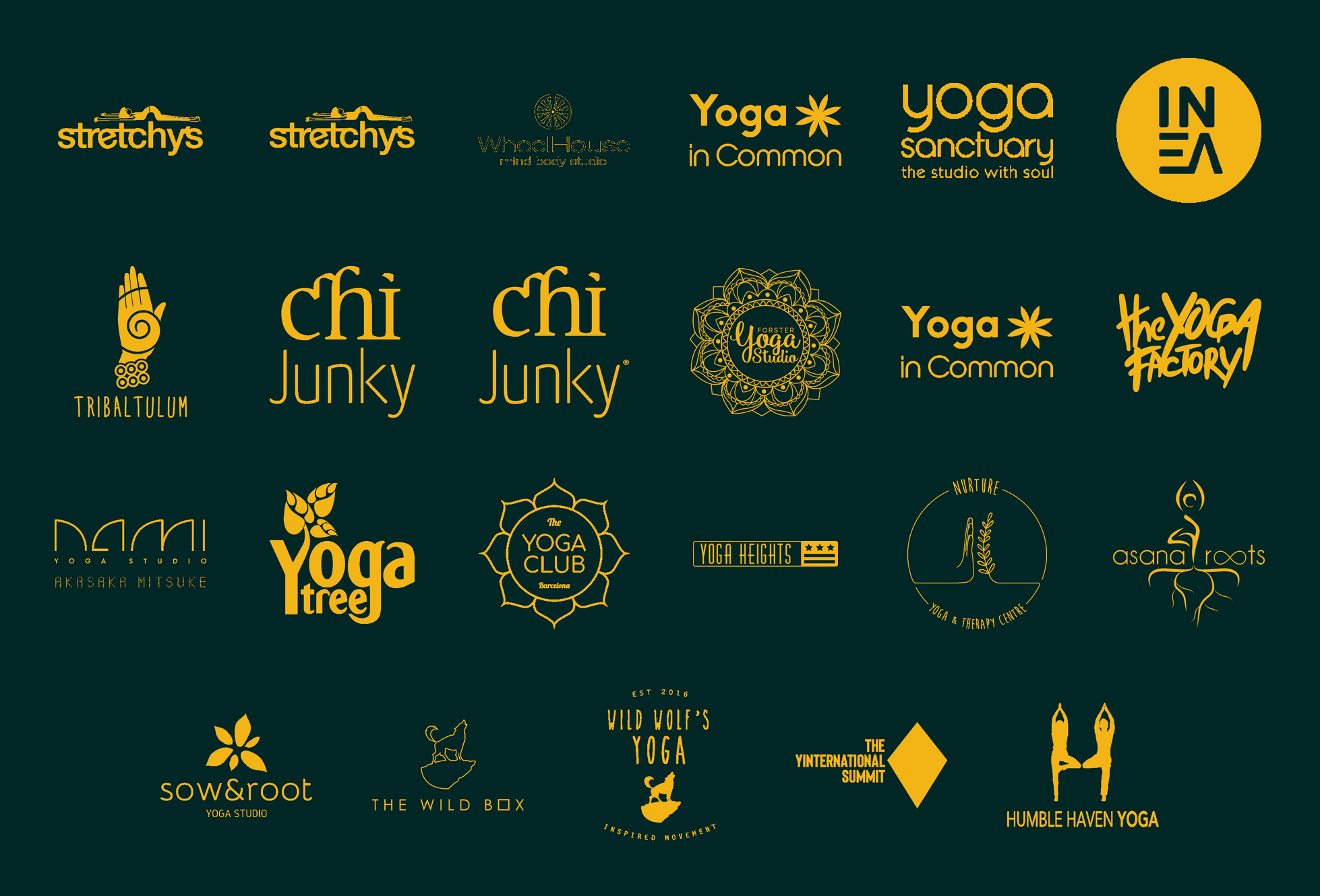 A collage of various yoga studio and wellness center logos in yellow on a dark background.