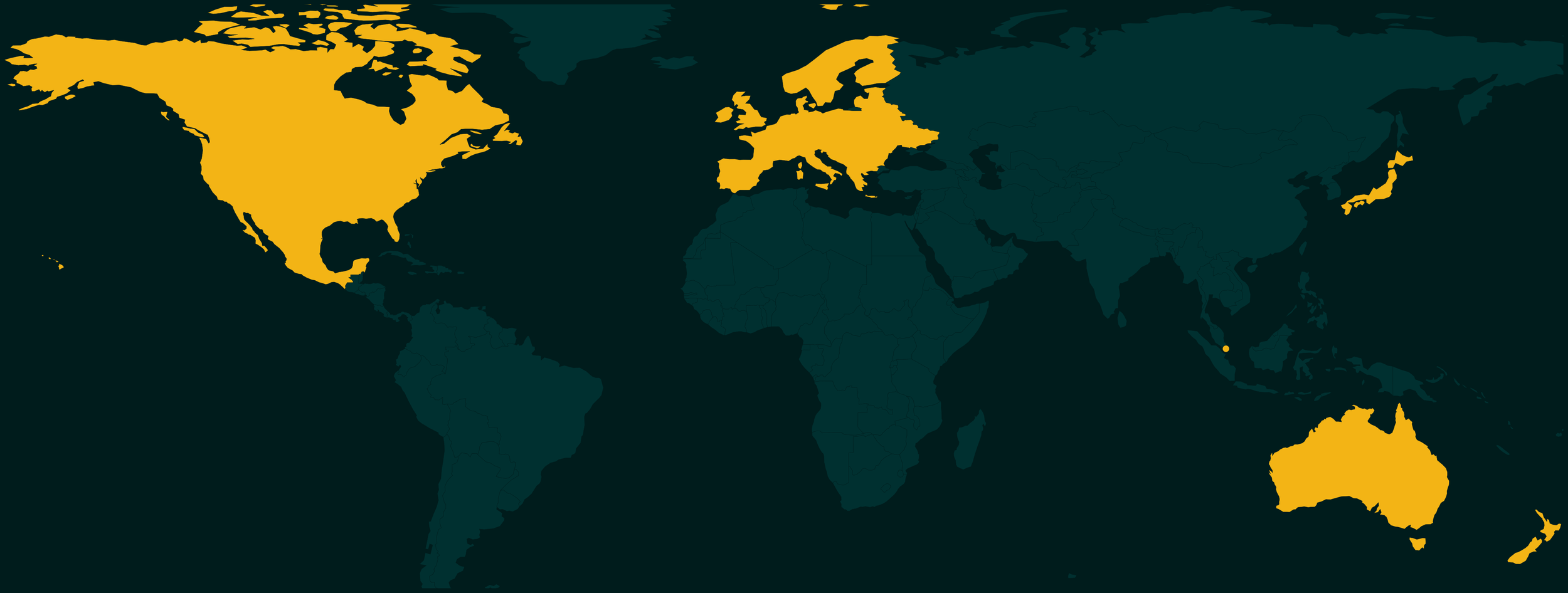 World map highlighting the North America, Europe, UK, Australia, and Japan in yellow.