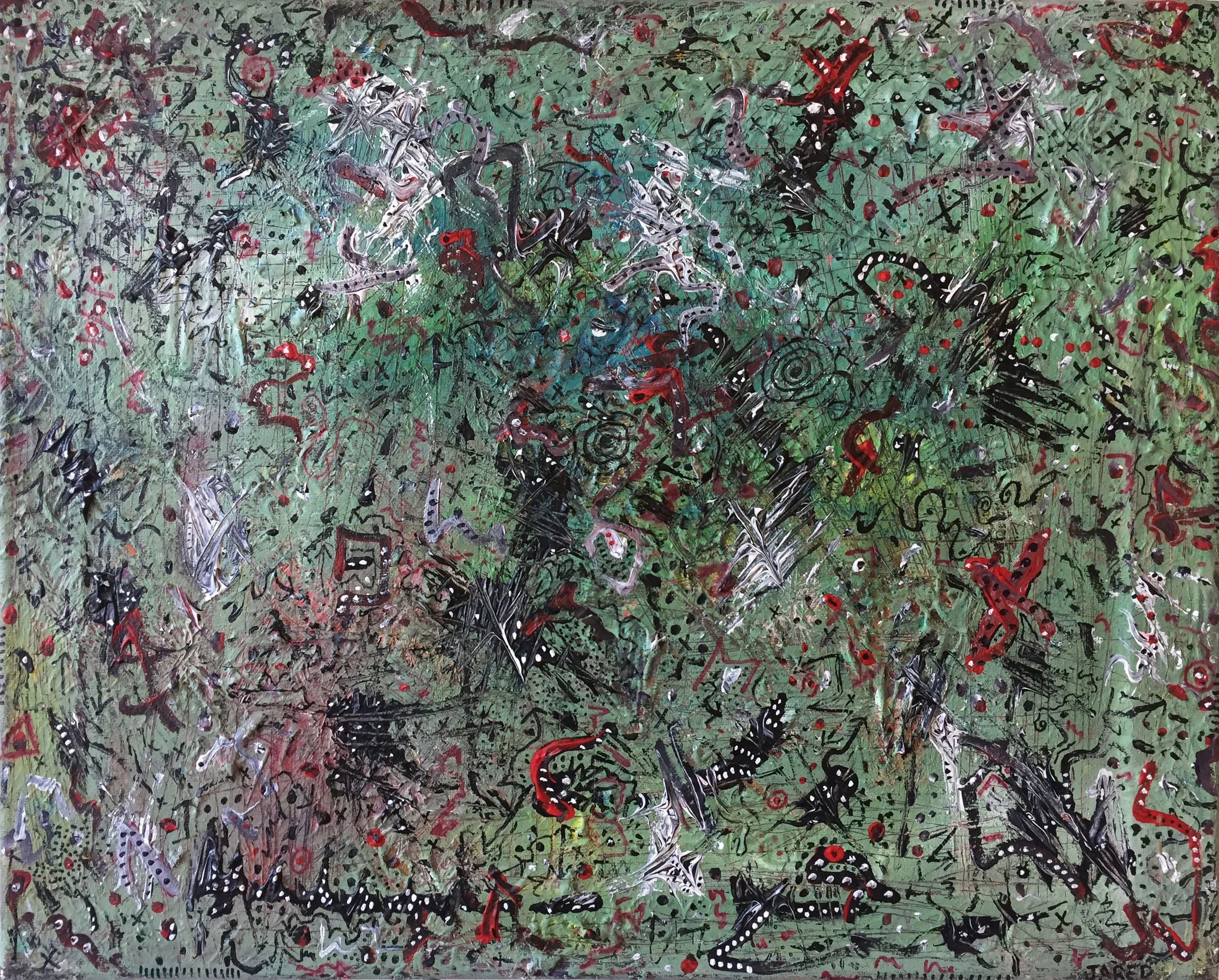 Reading Your Mind with Explosions While Xs Are Getting Loose , June 2010, Acrylic, marker on canvas, 16 x 20 in.