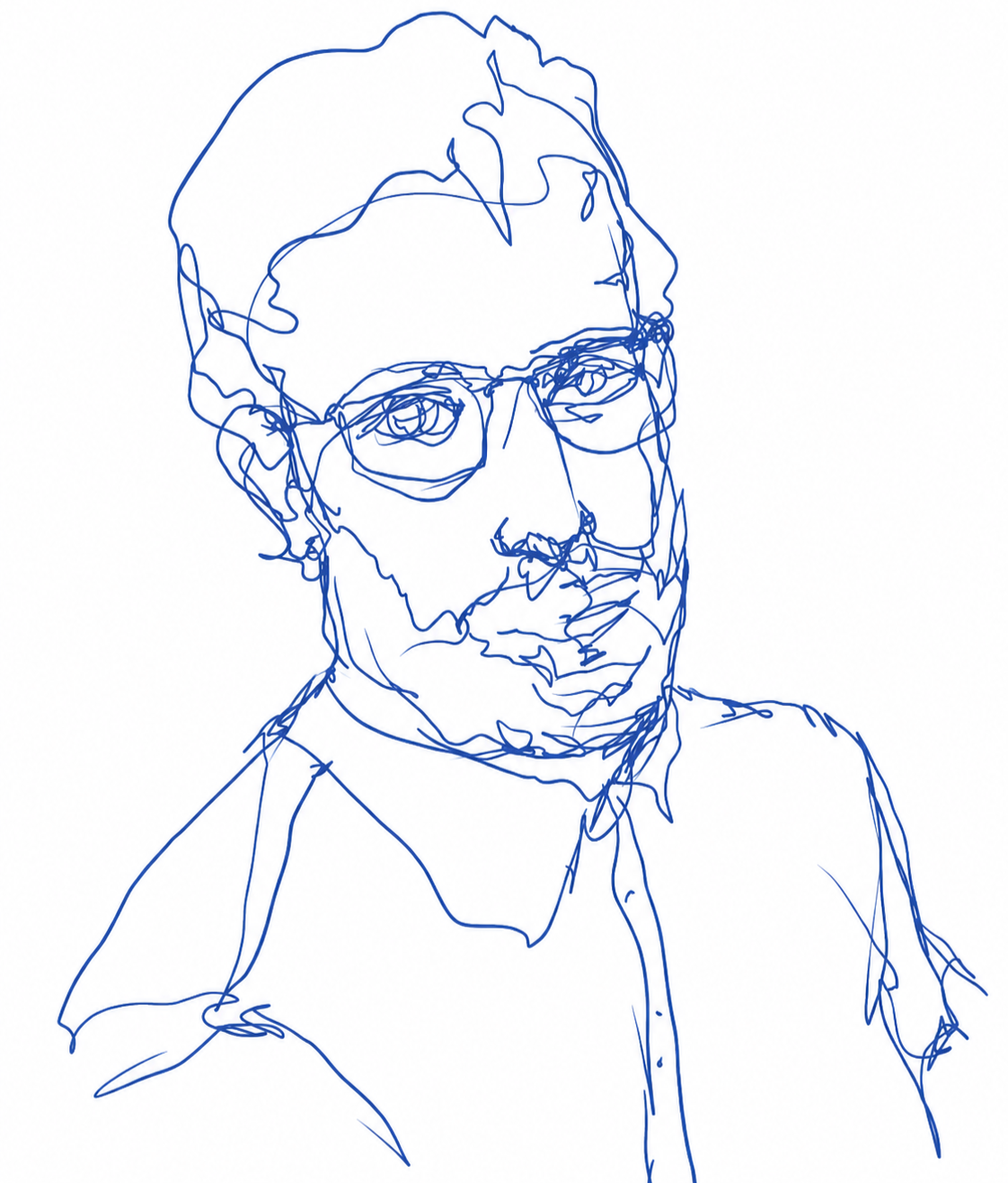 Blue line-art portrait of a bearded man wearing glasses, a collared shirt, and tie