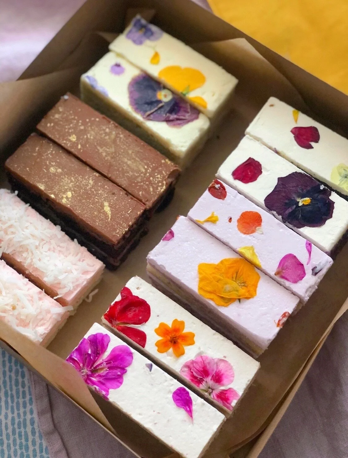 Lavender Lemon Marble Cake Bar, Superfetti Vanilla Cake Bar, Strawberry Cake Bar, Devils Buttermilk Chocolate Cake Bar, Ube Coconut Cake Bar, Passion Fruit Cake Bar