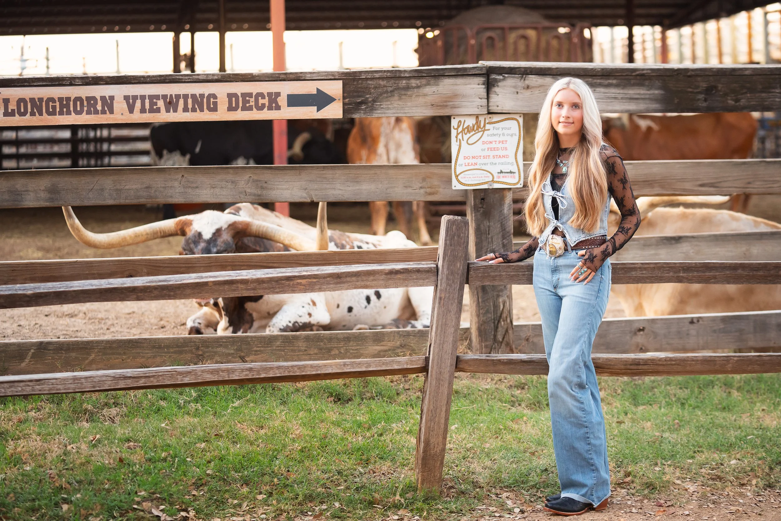 Fort Worth Stockyards senior photographer with longhorn cattle