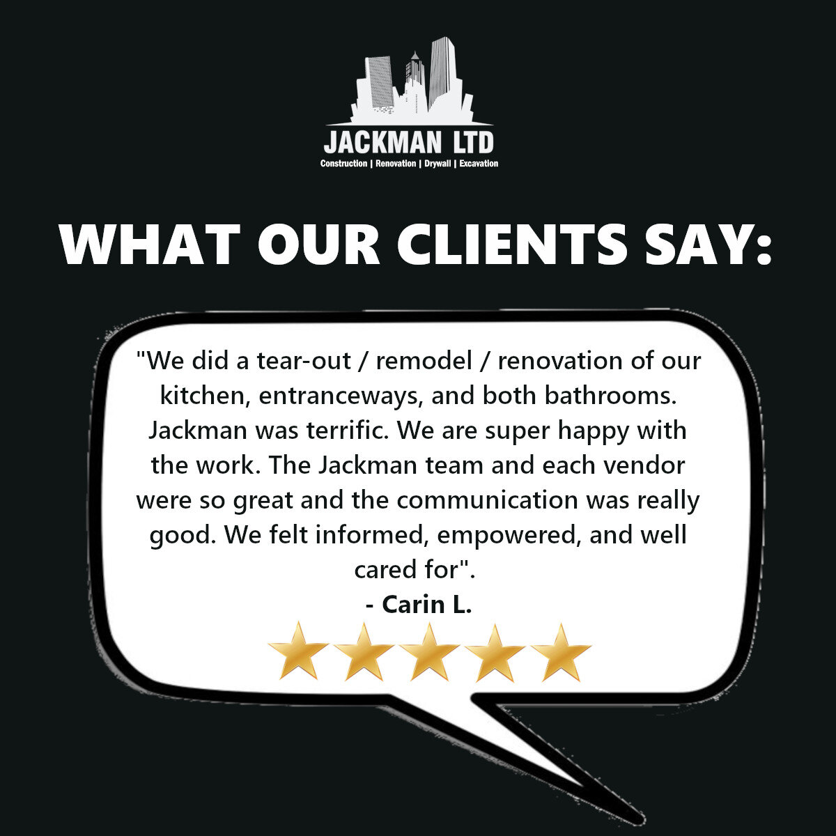 Wow, thank you, Carin! Your support of our business is very much appreciated. We hope to work with you again in the future and we hope you enjoy your amazing new spaces for years to come. 
-
#JackmanLtd #JackmanConstruction #Kwawesome #OntarioConstru