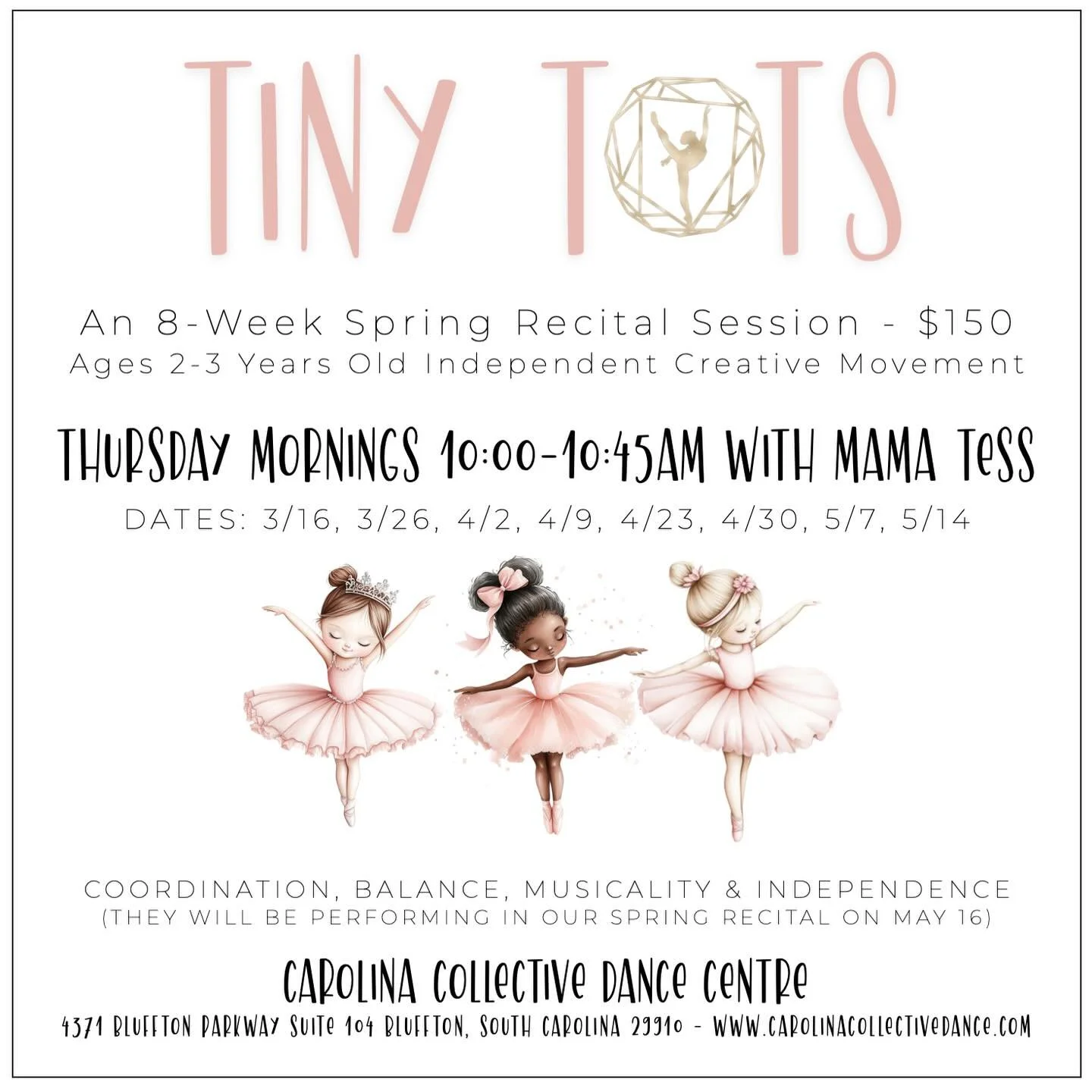 Get ready for the tiniest twirls and the biggest milestones!

Tiny Tots is here, and we could not love this bridge program more. Created just for ages 2&ndash;3, it beautifully connects our Baby Ballet program to our combo classes, giving your little