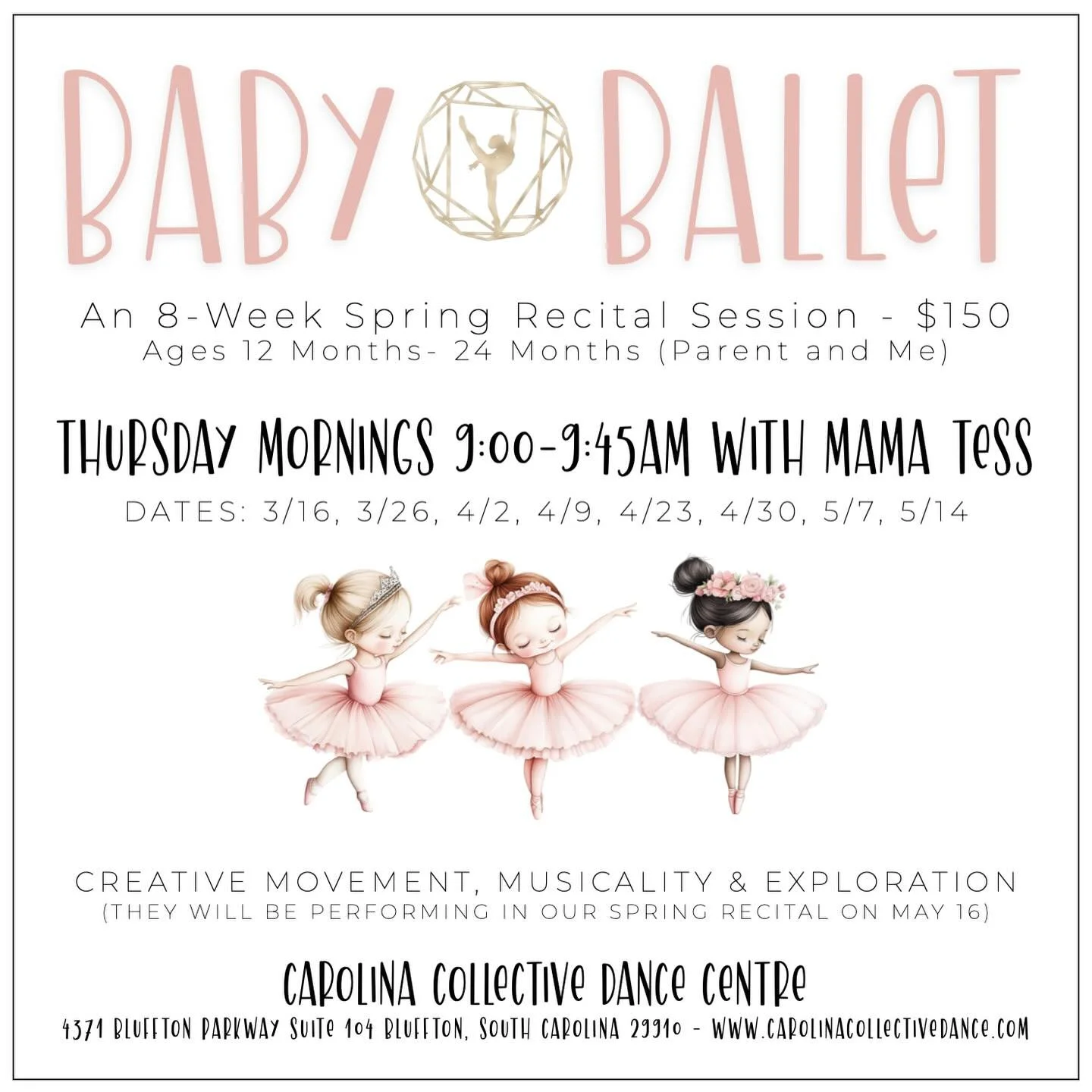 Registration is officially open for our Baby Ballet Spring Recital Session beginning March 19th.

The tiniest dancers, the sweetest memories, and their very first time on stage. This session is pure magic from start to finish.

Space is limited. Tap 