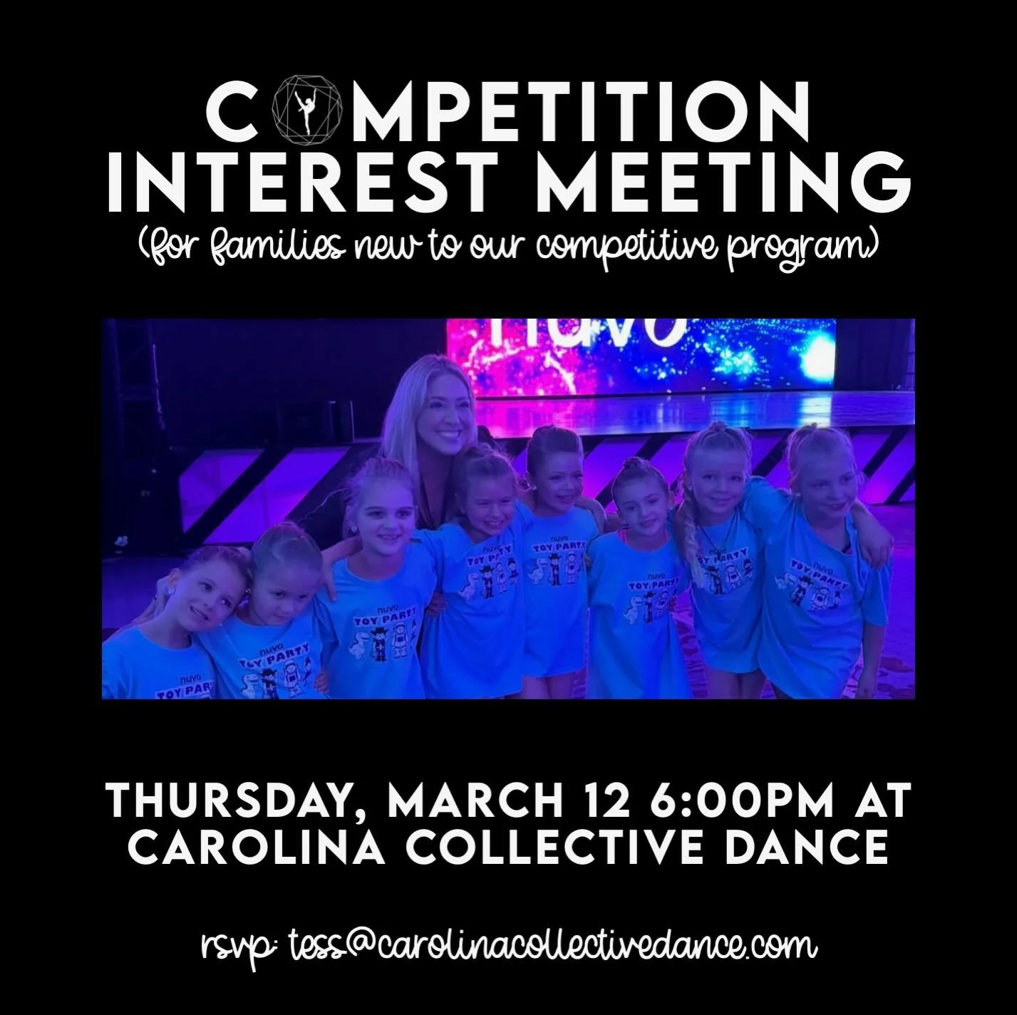 Curious about our Competitive Program? This is your moment to learn more.

We&rsquo;re hosting a New Parent Competition Interest Meeting next Thursday, March 12 at 6:00 PM at the studio.

4371 Bluffton Parkway, Suite 104

With applications now offici