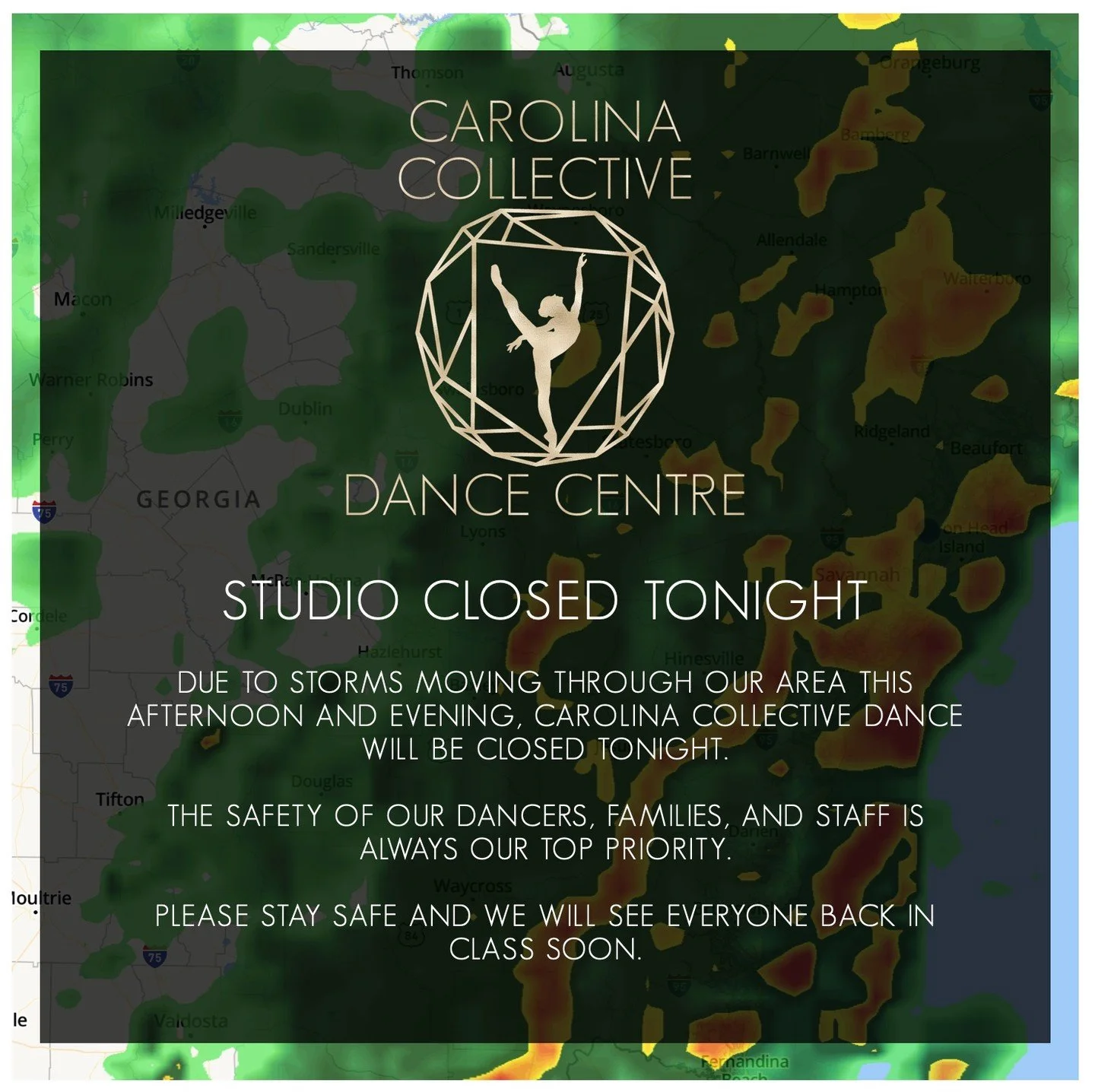 Due to the storm moving through the area this afternoon and evening, Carolina Collective Dance will be closed today. With several teachers traveling across bridges and others commuting from longer distances, we have decided to close out of an abundan