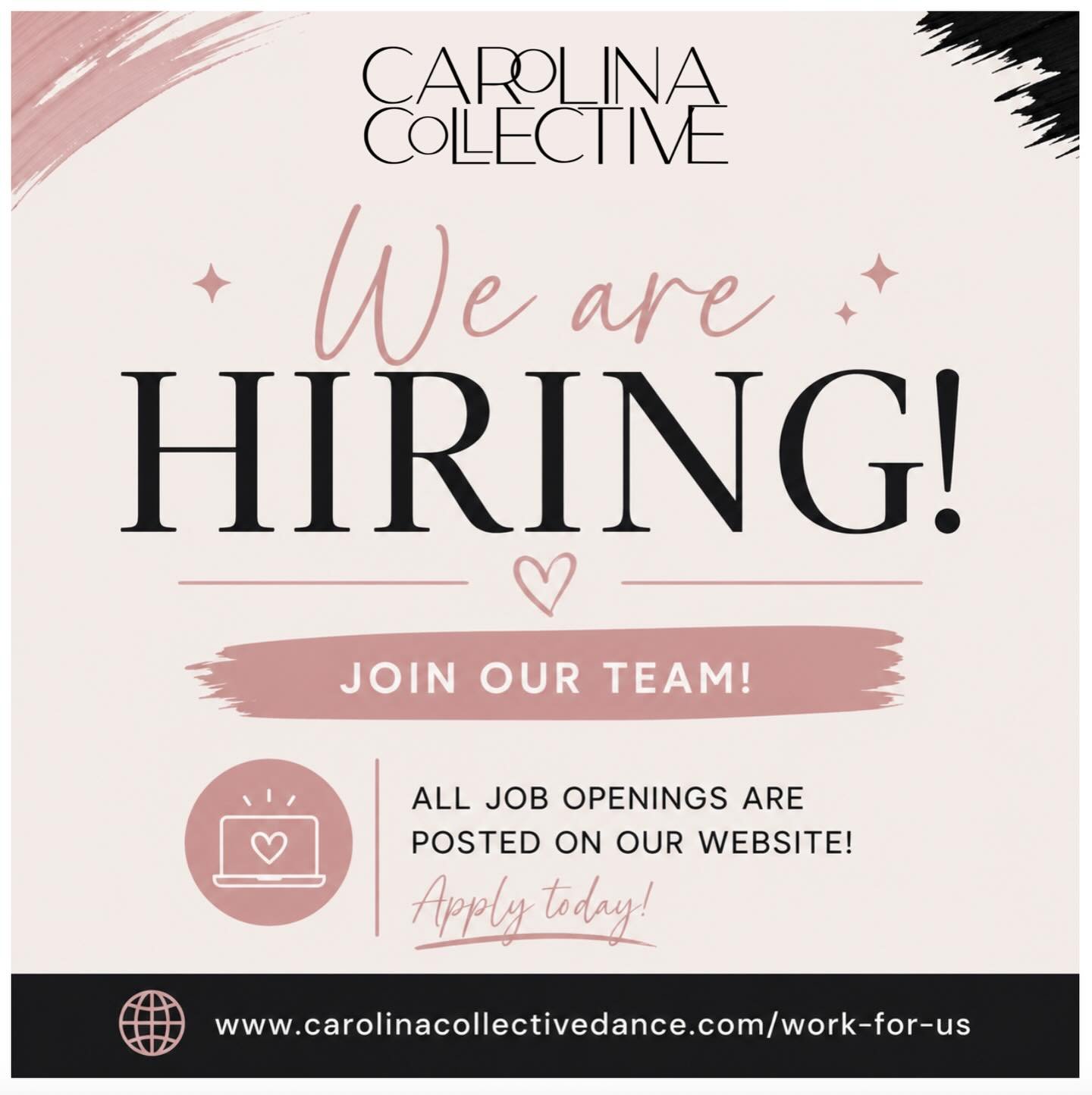 Looking for a fun part-time job?! Come dance through life with us 💕

We&rsquo;re hiring and would love to meet you!
Apply here: www.carolinacollectivedance.com/work-for-us