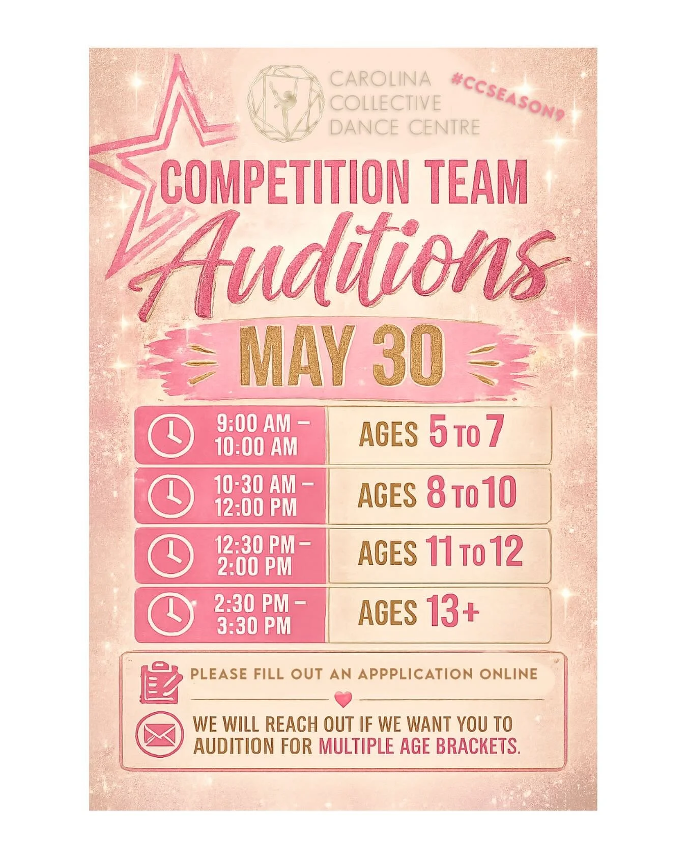 Thank you to everyone who came out to our Parent Meeting last Thursday. We loved getting to connect, answer questions, and share what&rsquo;s ahead for this next chapter of Carolina Collective.

As promised, here are our audition times for Season 9. 