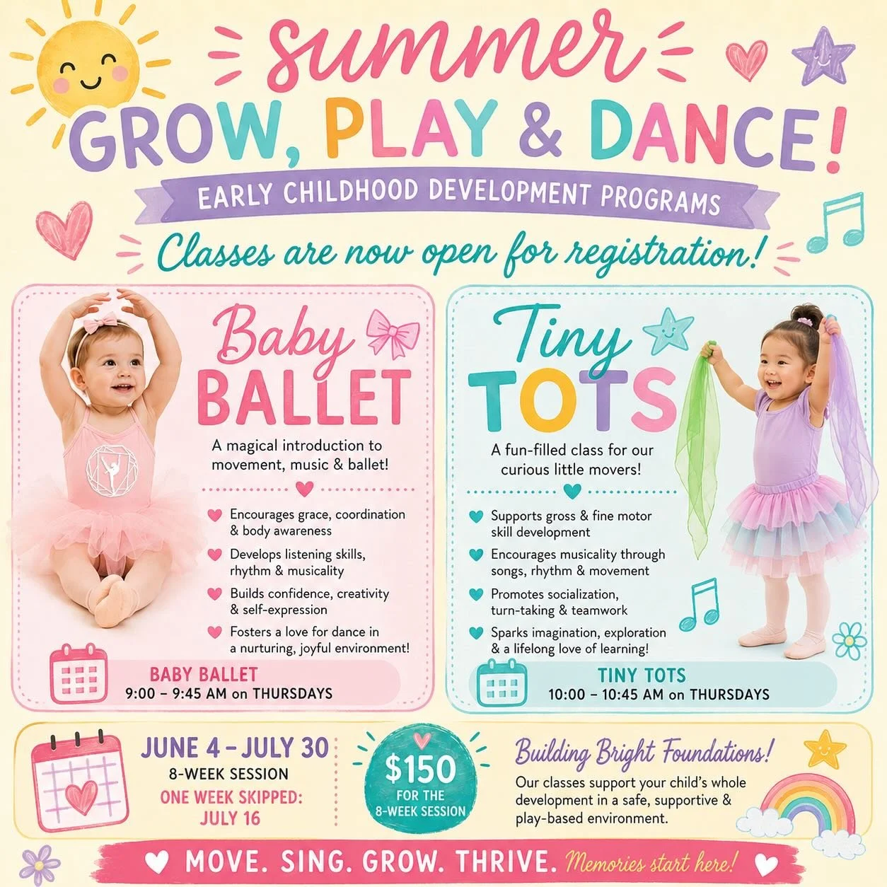 SUMMER REGISTRATION IS NOW OPEN! ☀️🩰
Join us this summer for two magical early childhood development programs at Carolina Collective Dance Centre!
🩷 Baby Ballet 🩵 Tiny Tots
June 4 &ndash; July 30 (One week skipped: July 16) 8-Week Session &bull; $