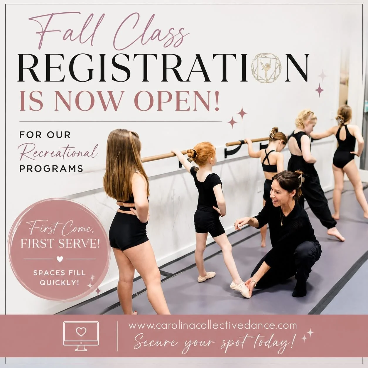 We&rsquo;re excited to announce that Fall Registration is officially OPEN for our recreational programs! 
From ballet and tap to jazz, tumbling, hip hop, and more, we can&rsquo;t wait to dance with your dancers this season. Classes are now live in ou