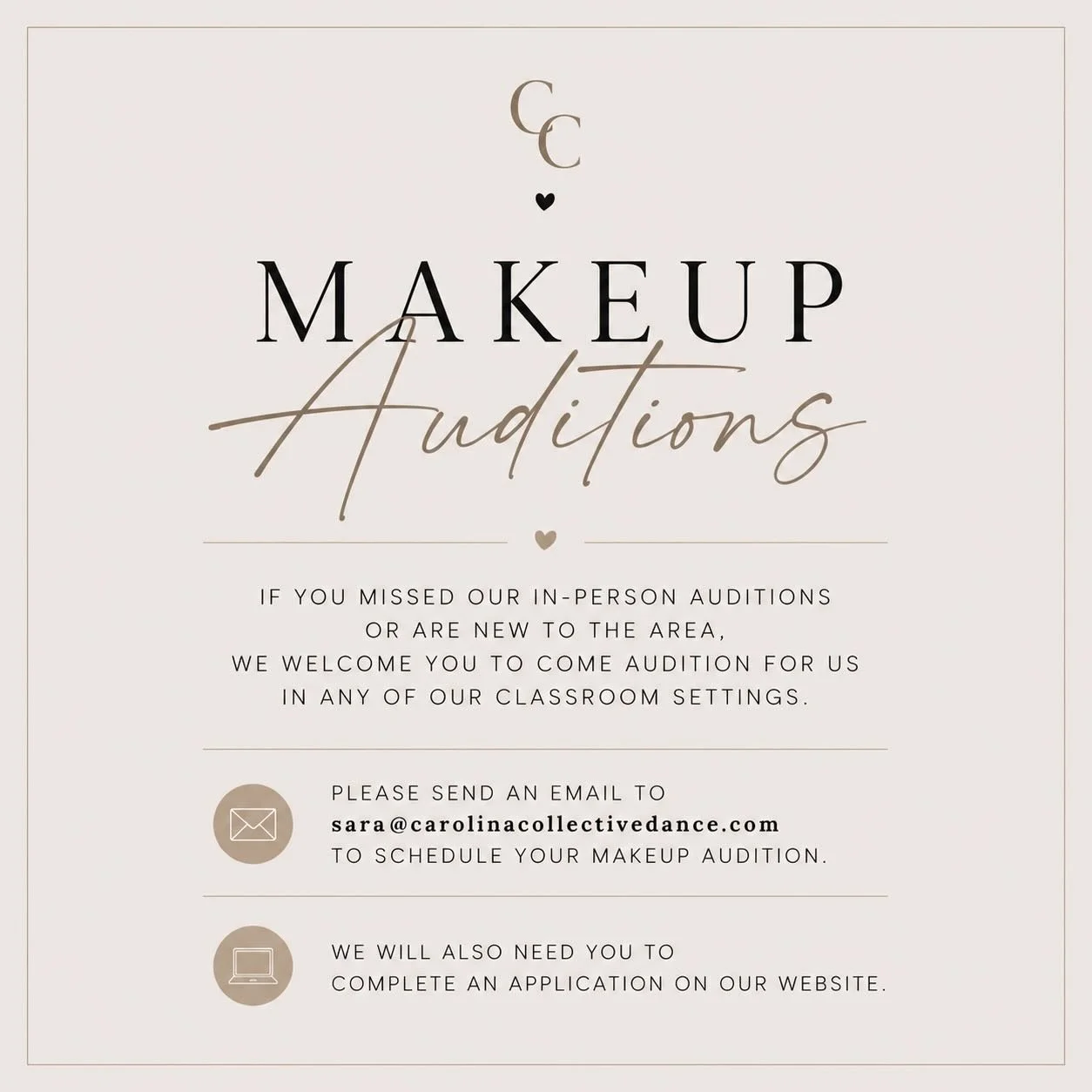 Missed auditions? We&rsquo;ve got you covered. ✨

If you were unable to attend our in-person auditions or are new to the area, we&rsquo;re currently scheduling makeup auditions in our classroom setting.

To schedule your audition, please email sara@c