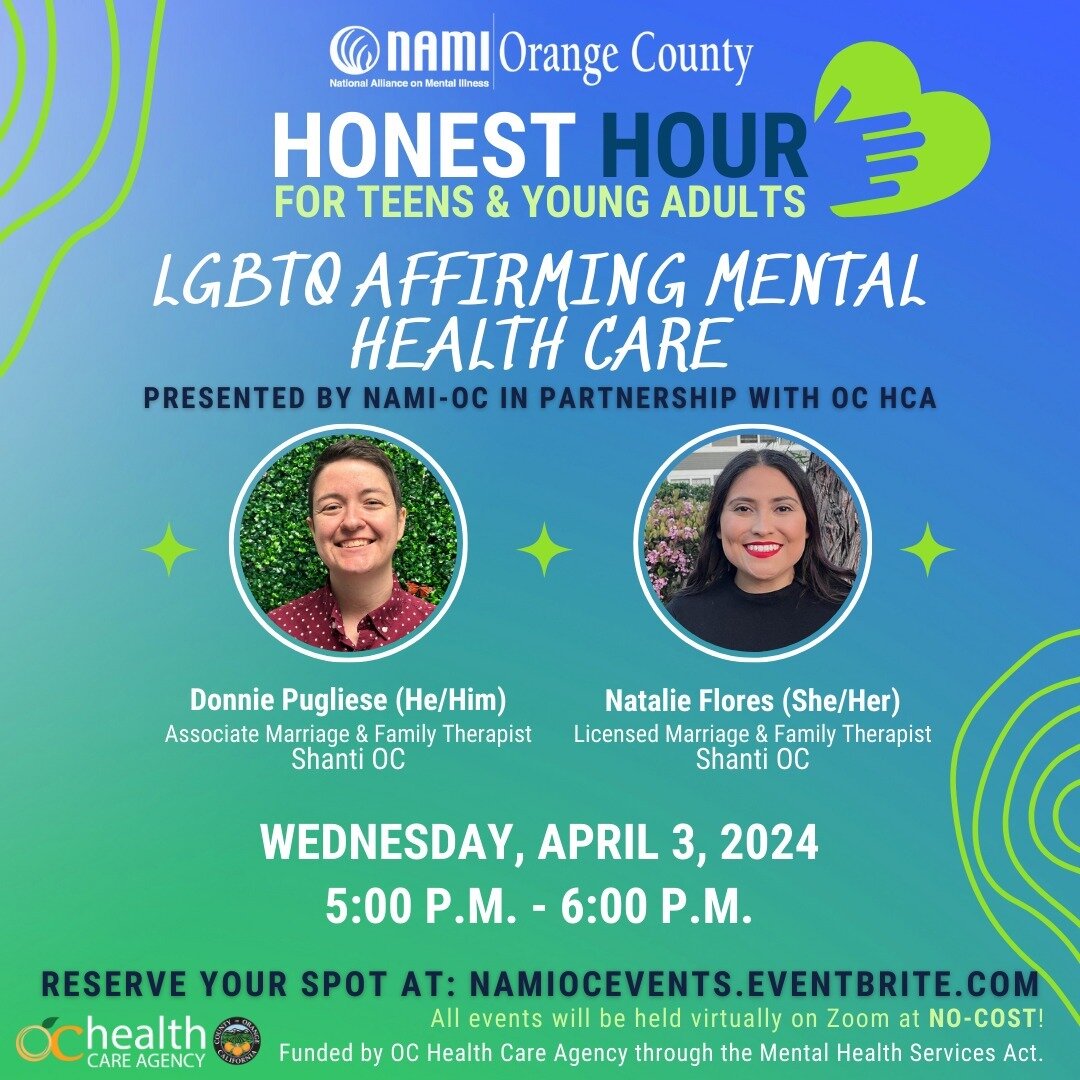 We have an incredibly insightful Honest Hour for teens &amp; young adults coming up on LGBTQ Affirming Mental Health Care! Join our expert guest speakers from Shanti OC on Wednesday, April 3rd from 5:00 - 6:00 pm.

Sign up for this no cost event with