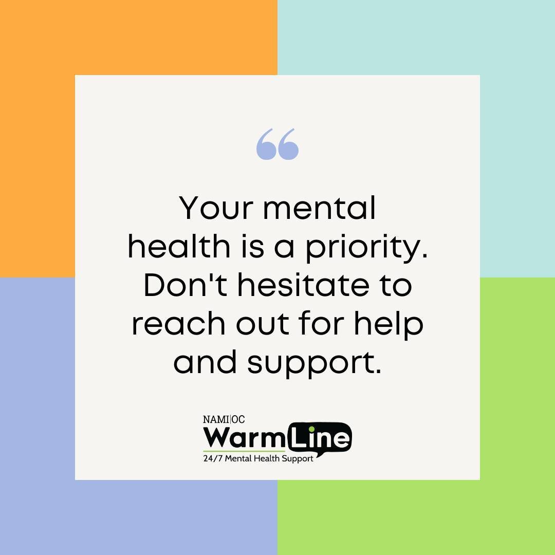 NAMI OC WarmLine is available 24/7 through talk, text and chat to provide emotional support and resources in multiple languages, such as English, Spanish, Farsi, and Vietnamese! Whether it&rsquo;s mental health concerns, concerns for a loved one, or 