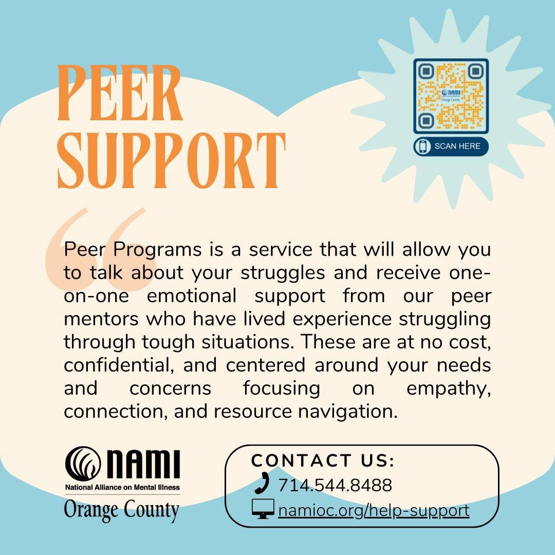 Your struggles don't define you, but the support you receive can shape your journey.💚 Connect with NAMI Orange County's peer support programs for no-cost, confidential guidance through phone, in-person, or Zoom chats. It's all about you, your needs,