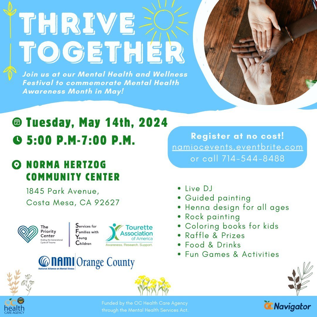 ¡Únase a nosotros para nuestro festival de salud mental y bienestar Thrive Together el martes 14 de mayo en Costa Mesa! Estaremos conmemorando el Mes de Concientización de Salud Mental de 5:00 pm - 7:00 pm con artes y artesanías, comida y bebidas, premios, juegos, y un concierto en vivo.