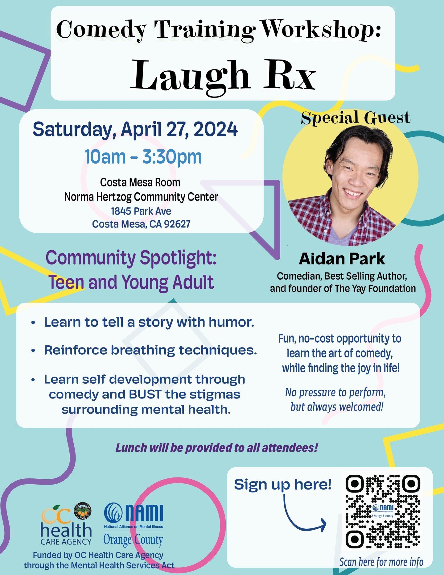 Our Laugh Rx Workshop is just a couple days away! 🎤 This workshop, focusing on the teen and young adult community, will be led by Aidan Park, professional comedian, bestselling author, and founder of the YAY Foundation. 🌟 Don't forget to sign up an