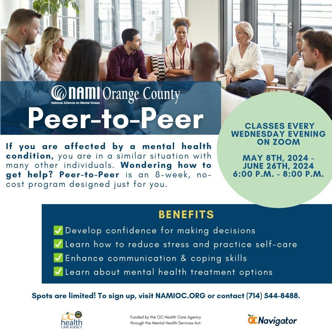 Are you dealing with mental health challenges and searching for support? Join NAMI OC's Peer-to-Peer program, connecting individuals facing similar experiences. This 9-week in-person program starts on May 8th virtually on Zoom, meeting every Wednesda