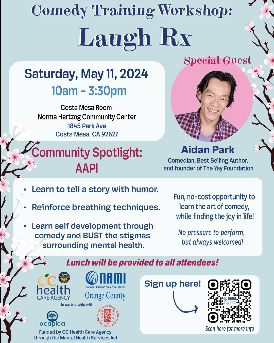 Share a laugh with us! 🎤 Our next Laugh Rx Stand-up Comedy Workshop will take place on Saturday, May 11th at the Norma Hertzog Community Center in Costa Mesa, CA. 🌟 The Workshop will be led by Aidan Park, professional comedian, bestselling author, 