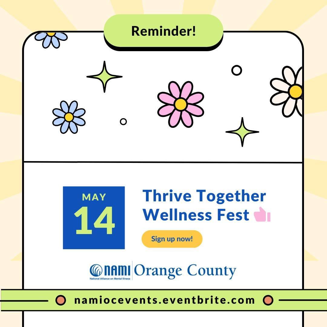 No olvide inscribirse en nuestro festival de salud mental y bienestar Thrive Together el martes 14 de mayo en Costa Mesa. Estaremos conmemorando el Mes de Concientización de Salud Mental de 5:00 pm - 7:00 pm con artes y artesanías, comida y bebidas, premios, g