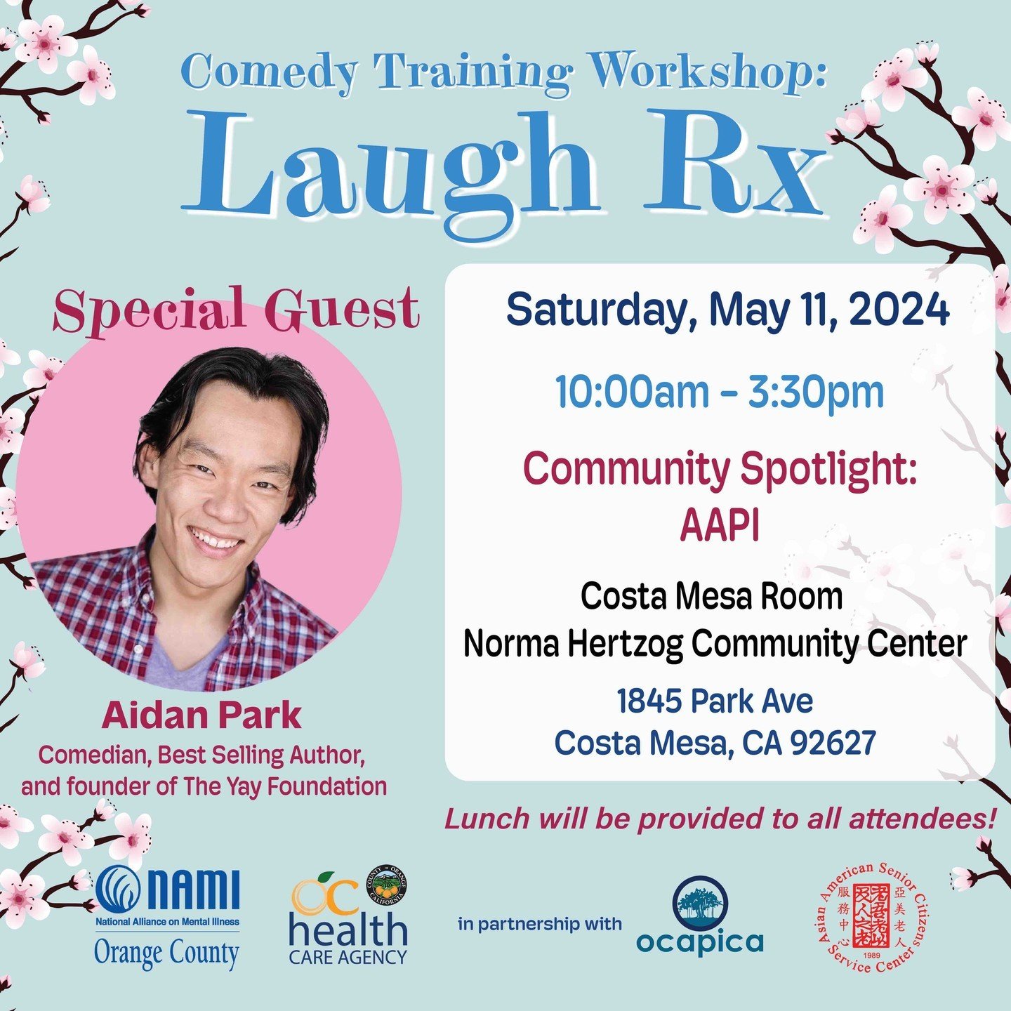 Share a laugh with us! 🎤 Our next Laugh Rx Stand-up Comedy Workshop will take place on Saturday, May 11th at the Norma Hertzog Community Center in Costa Mesa, CA. 🌟 The Workshop will be led by Aidan Park, professional comedian, bestselling author, 