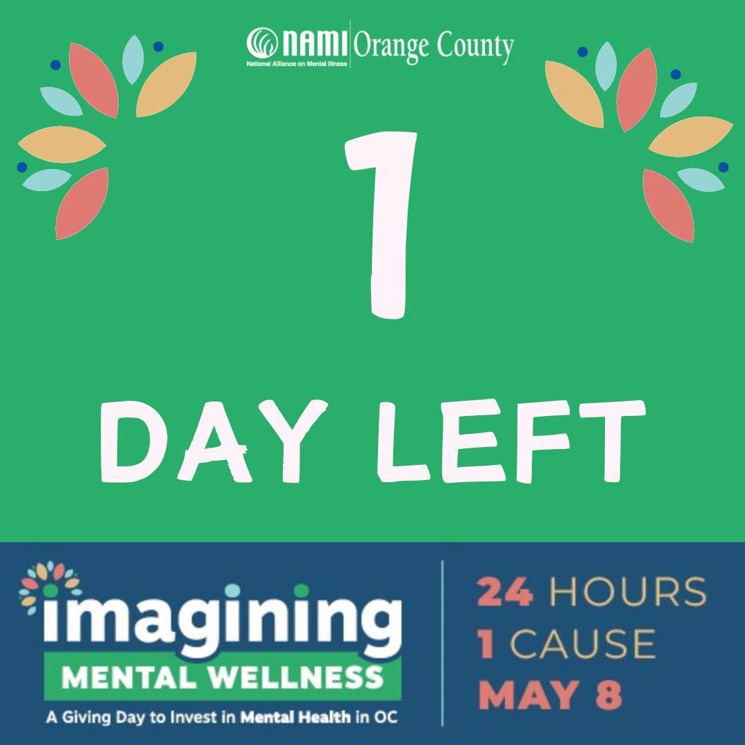Hello NAMI OC Family!! We've got one day left before the big day. We are so excited about the opportunities that we will be able to create for those dealing with mental health conditions. Your donations will help increase our outreach, grow our progr