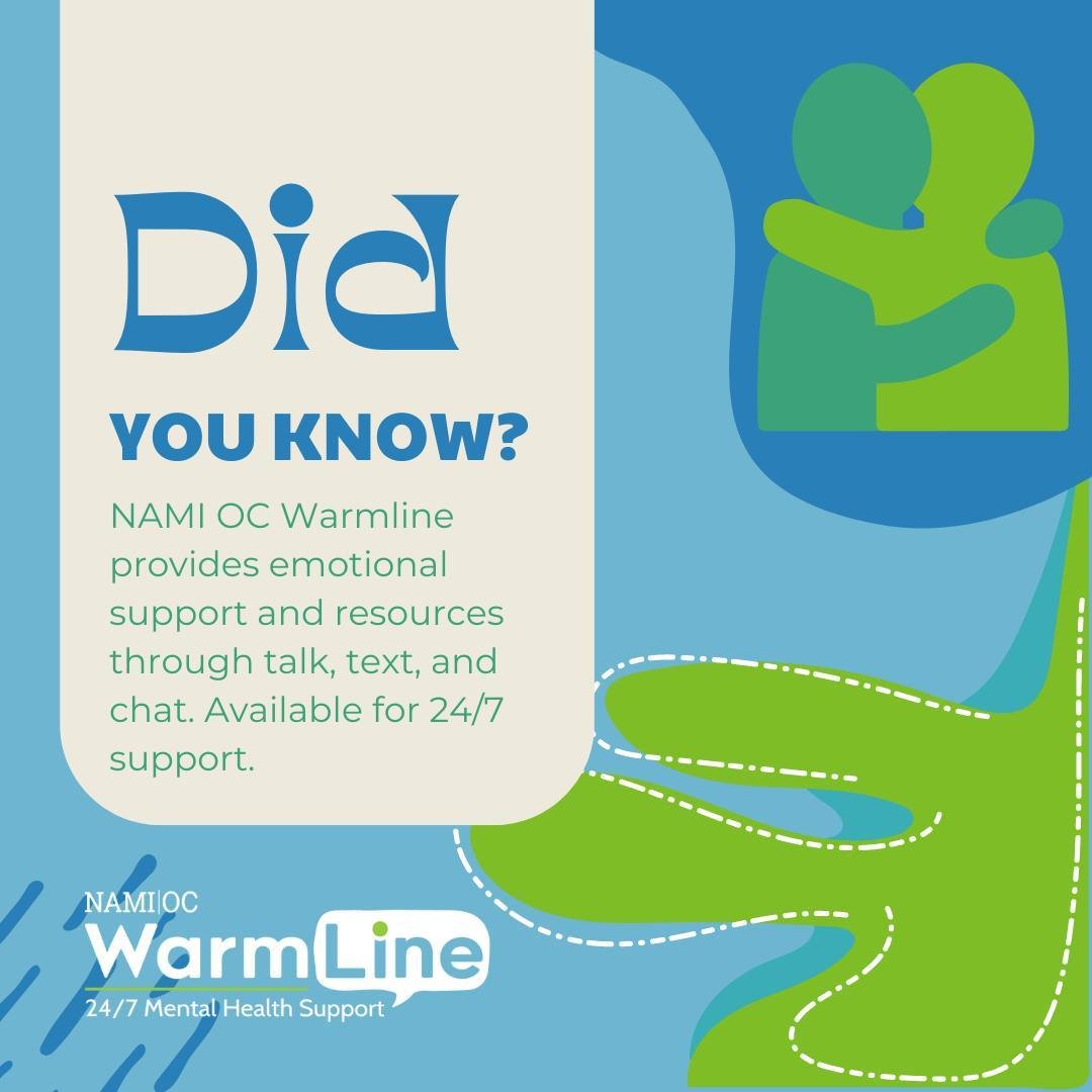 NAMI OC WarmLine luôn sẵn sàng 24/7 thông qua trò chuyện, nhắn tin và trò chuyện để cung cấp hỗ trợ tinh thần và tài nguyên bằng nhiều ngôn ngữ, chẳng hạn như tiếng Anh, tiếng Tây Ban Nha, tiếng Farsi và tiếng Việt! Cho dù đó là mối quan tâm về sức khỏe tâm thần, mối quan tâm cho người thân, hoặc 