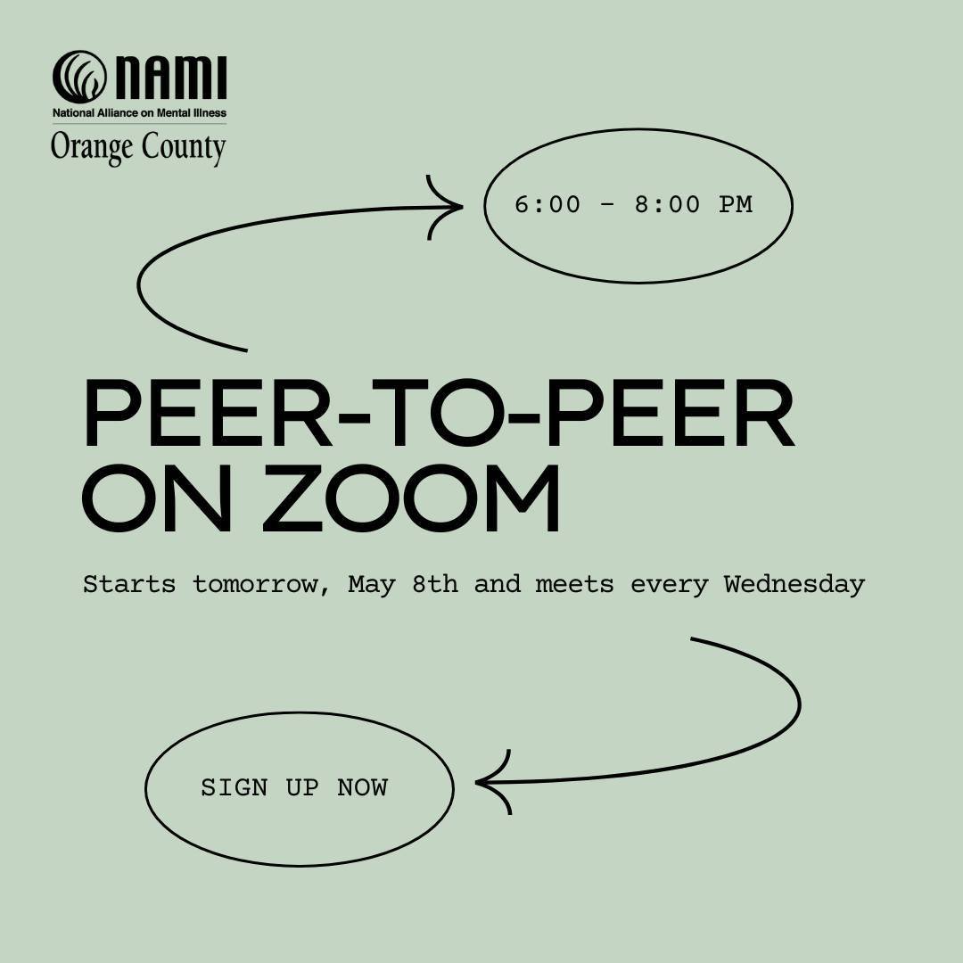 Don't forget to sign up! Join NAMI OC's Peer-to-Peer program, connecting individuals facing similar experiences. This 9-week in-person program starts on May 8th virtually on Zoom, meeting every Wednesday evening. Explore coping strategies, self-care,