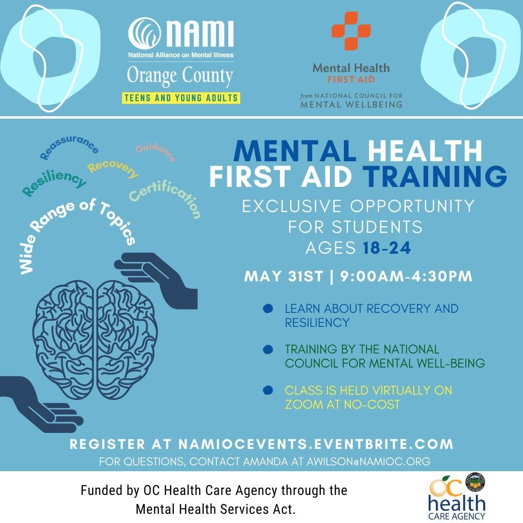 Make sure to sign up for our Mental Health First Aid Training for college students! Join us on May 31st from 9:00 am - 4:30 pm on zoom with certified trainers to learn about recovery and resilience. Make sure to secure your spot before registration c