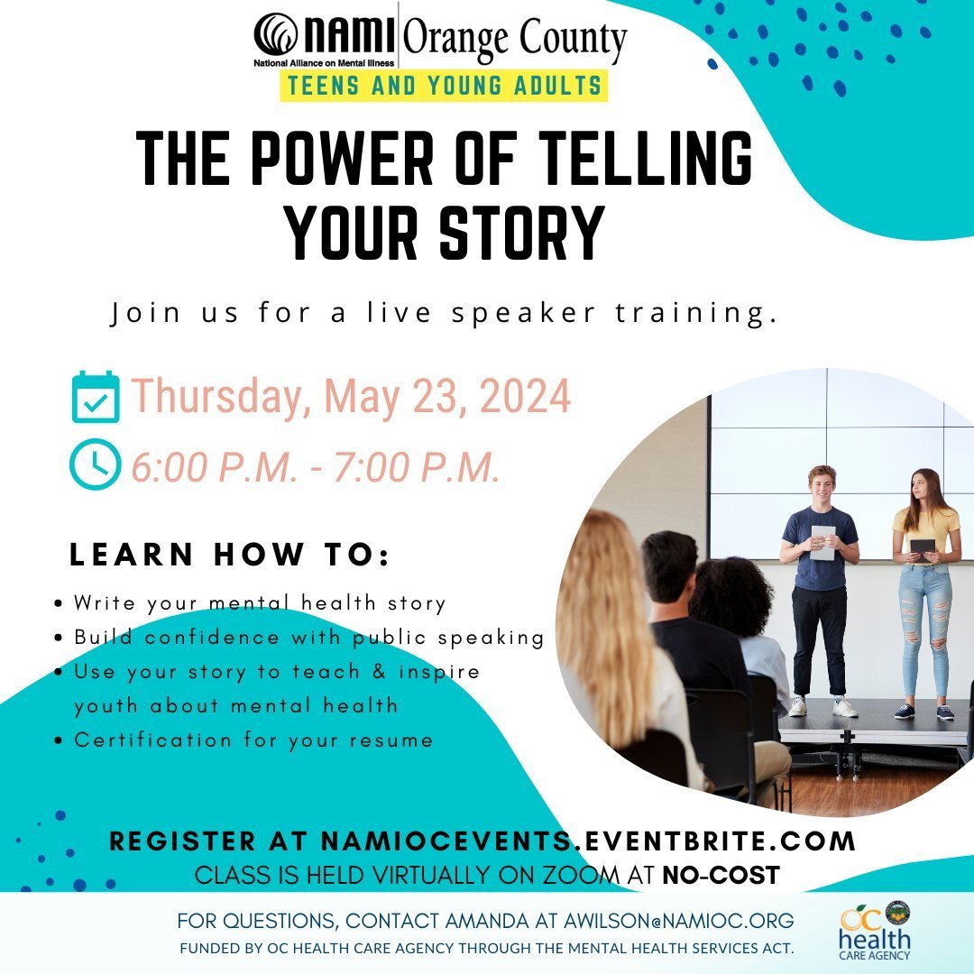Join us for a no-cost, live speaker training on The Power of Telling Your Story on May 23rd at 6:00 pm via Zoom! We will be learning the strategies for writing about your mental health story and how your story can teach and inspire youth about mental